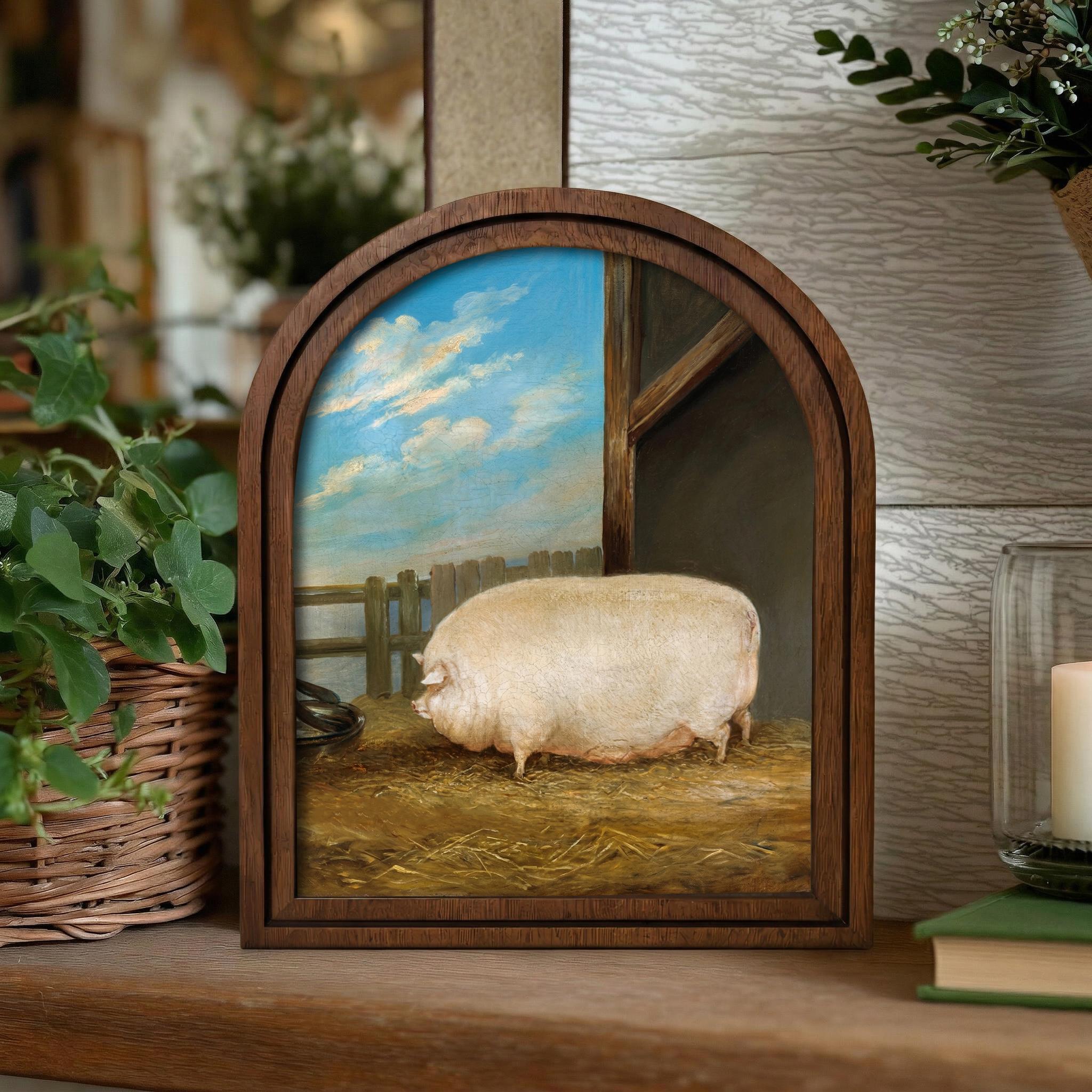Vintage Pig Painting, Farmhouse Wall Art, Antique Animal Art, Country Decor Framed, Rustic Wood Canvas Art, Cute Fat Pig Print, Tabletop Art