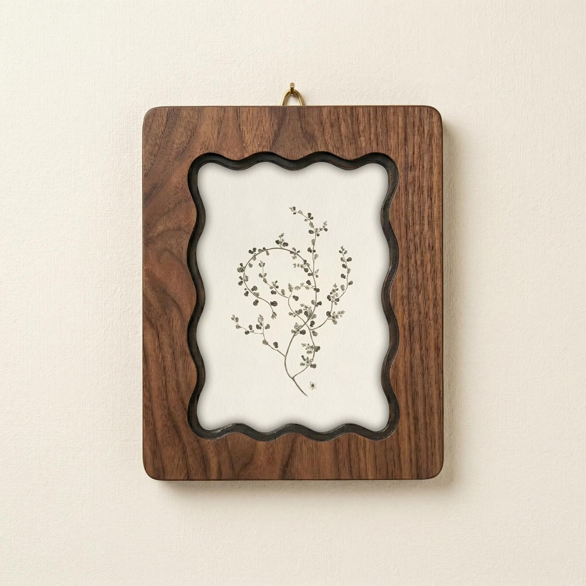 Minimalist Botanical Sketch Scalloped Wood Frame, Vintage Floral Wall Art, Wavy Layered Plywood Decor, Rustic Boho Home Gift, 7x9 9x11 14x18
