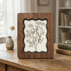Vintage Botanical Fern Sketch Scalloped Wood Frame, Wildflower Wall Art, Wavy Layered Plywood Decor, Rustic Cottagecore Gift, 7x9 9x11 14x18