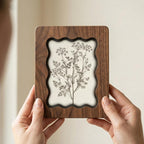 Vintage Botanical Fern Sketch Scalloped Wood Frame, Wildflower Wall Art, Wavy Layered Plywood Decor, Rustic Cottagecore Gift, 7x9 9x11 14x18