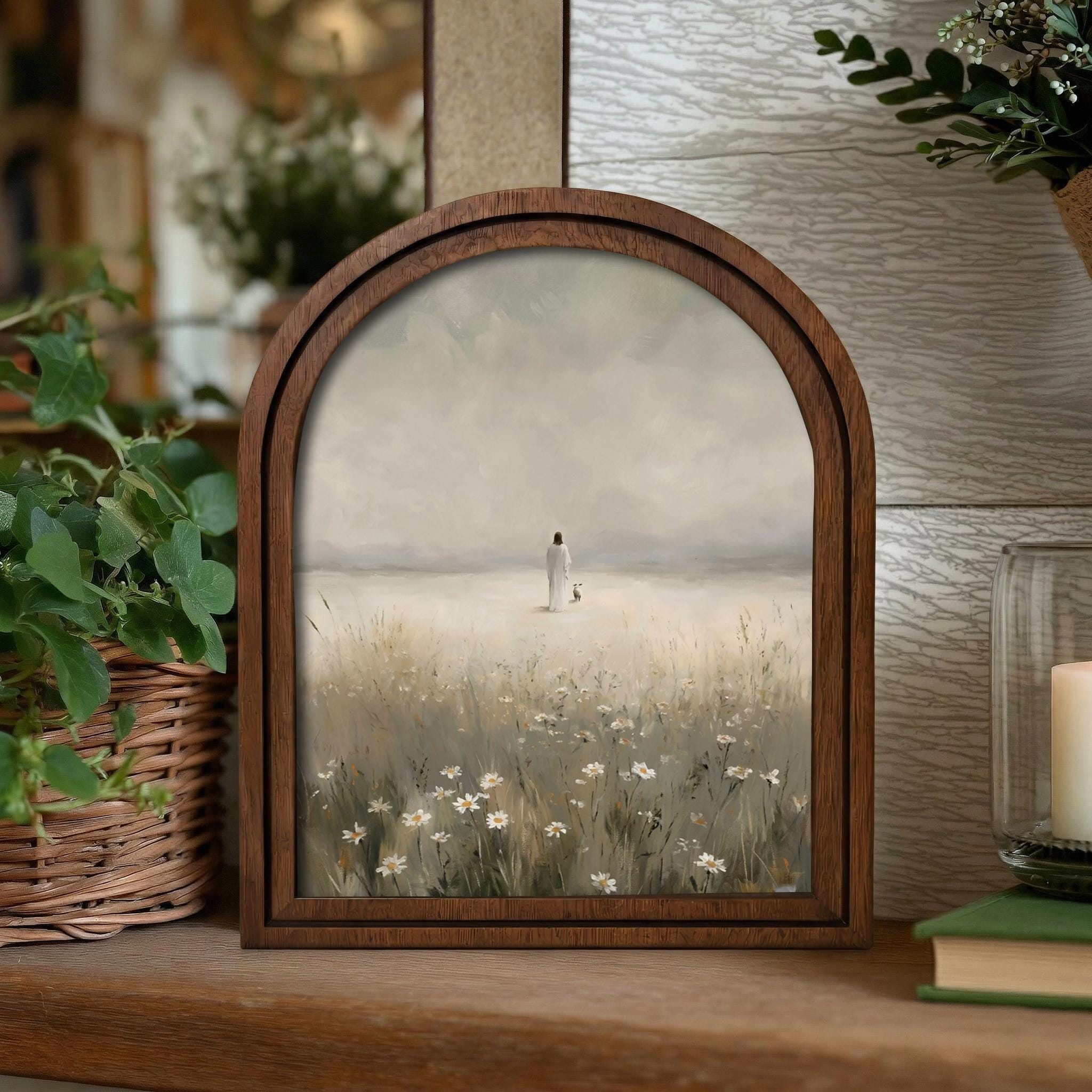 Christian Wall Art, Scripture Wall Art, Jesus Wall Art, Kids Room Art, Jesus in Daisy Field Arched Wood Frame, Spiritual Gift