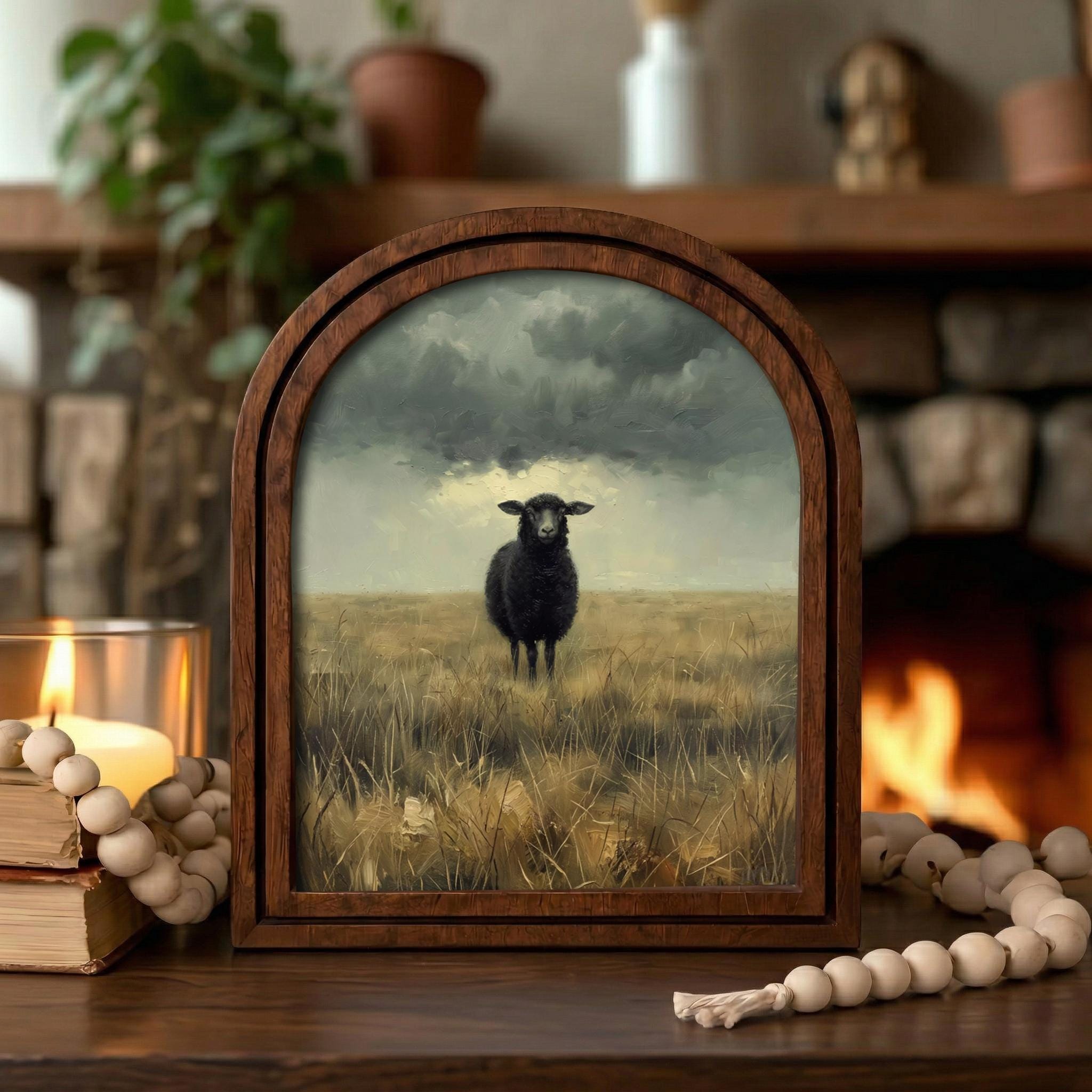 Black Sheep Wall Art, Farmhouse Decor, Moody Landscape Painting, Cottagecore Print, Rustic Wood Canvas Art, Vintage Animal Poster, Gift