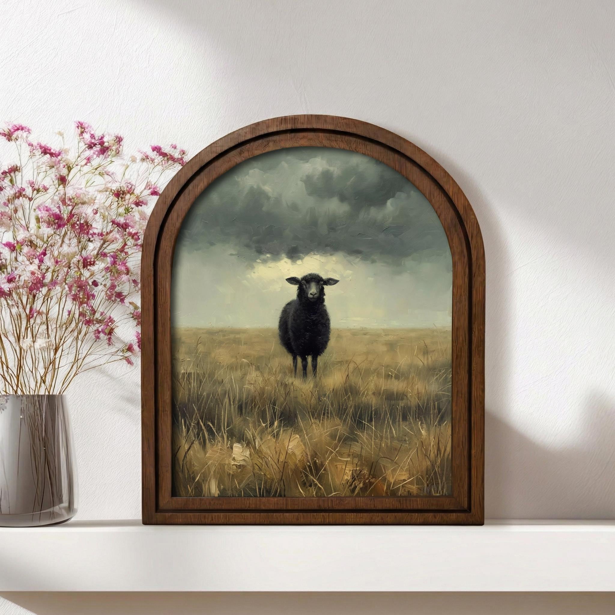 Black Sheep Wall Art, Farmhouse Decor, Moody Landscape Painting, Cottagecore Print, Rustic Wood Canvas Art, Vintage Animal Poster, Gift