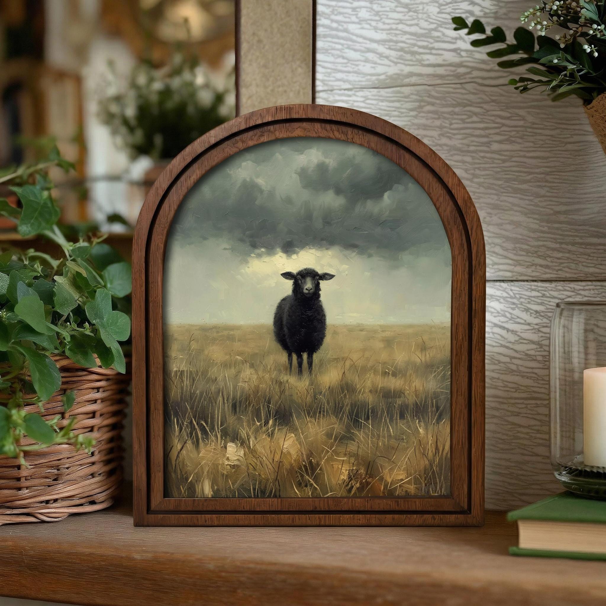 Black Sheep Wall Art, Farmhouse Decor, Moody Landscape Painting, Cottagecore Print, Rustic Wood Canvas Art, Vintage Animal Poster, Gift