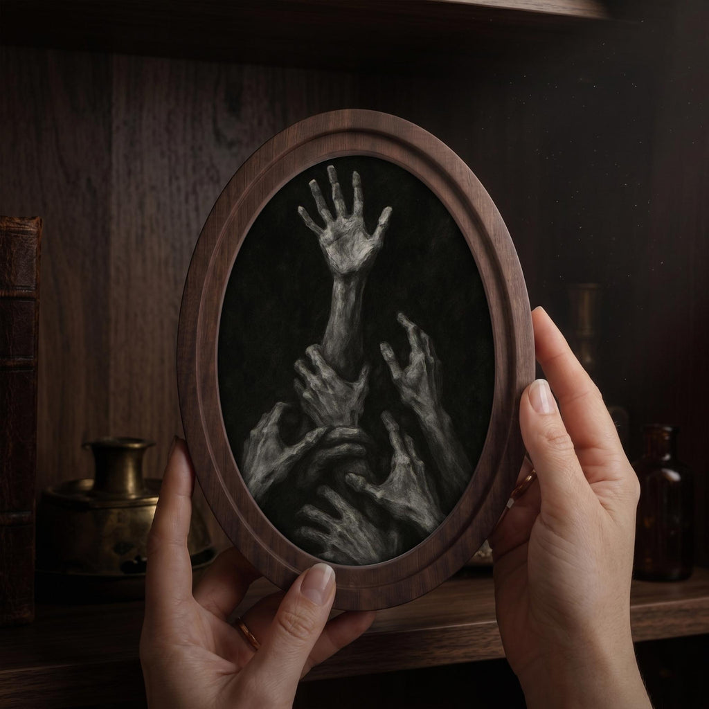Gothic Wall Art - Dark Academia Hands 3D Wood Art - Horror Aesthetic Canvas in Oval Frame - Creepy Macabre Decor - 7x9 9x11 11x14 14x18 In