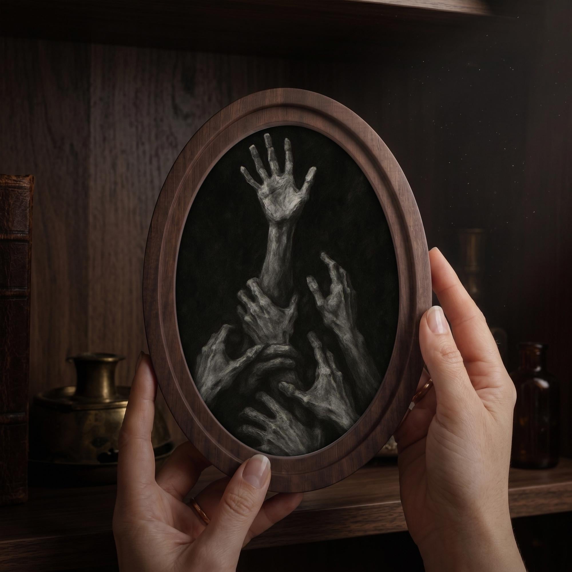 Gothic Wall Art - Dark Academia Hands 3D Wood Art - Horror Aesthetic Canvas in Oval Frame - Creepy Macabre Decor - 7x9 9x11 11x14 14x18 In
