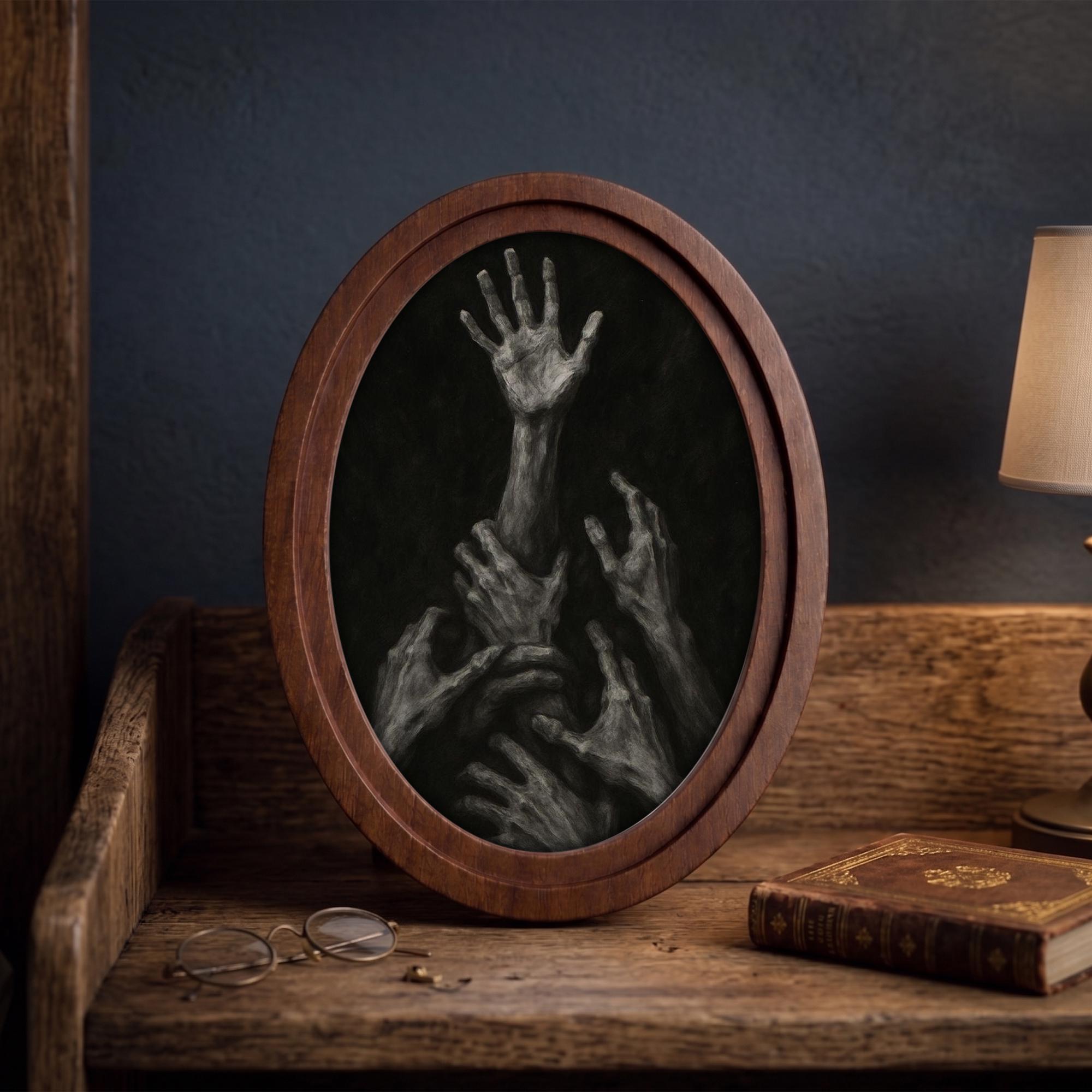 Gothic Wall Art - Dark Academia Hands 3D Wood Art - Horror Aesthetic Canvas in Oval Frame - Creepy Macabre Decor - 7x9 9x11 11x14 14x18 In