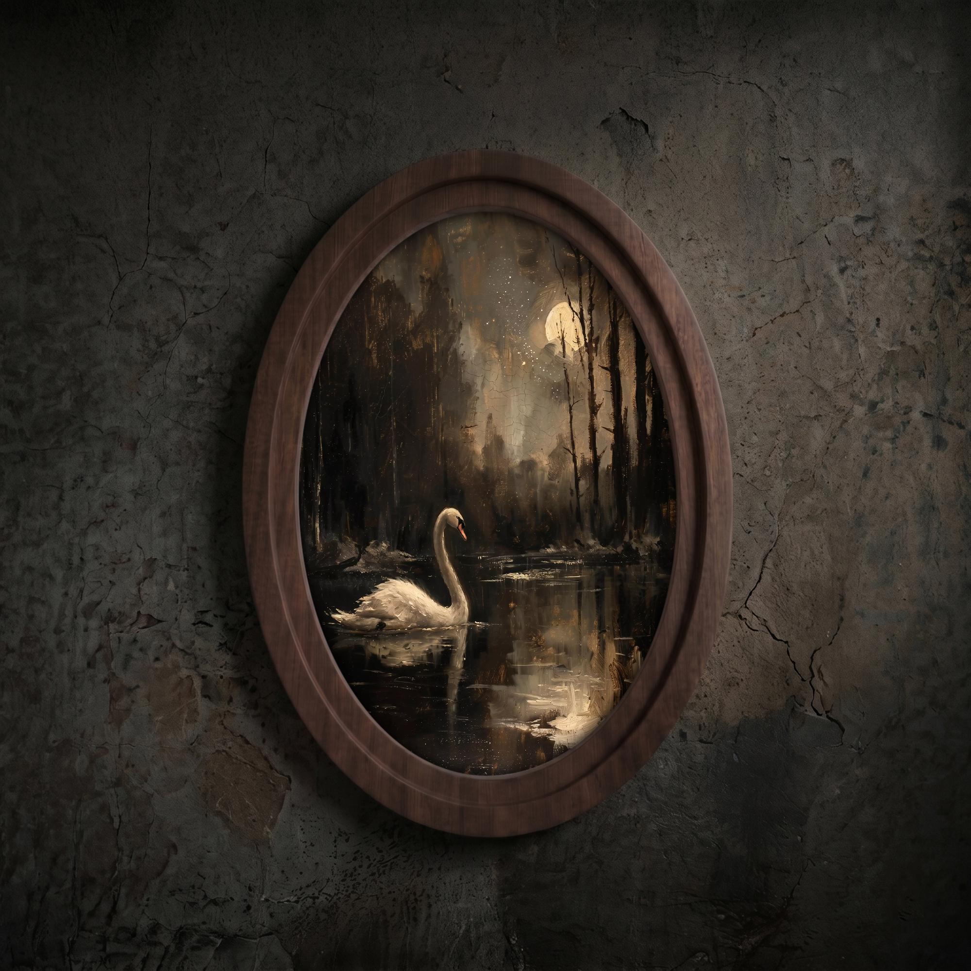 Dark Academia Swan Wall Art - 3D Wood Art Swan Lake at Night - Dark Cottagecore Decor - Moody Moon Landscape Canvas - 7x9 9x11 11x14 14x18“