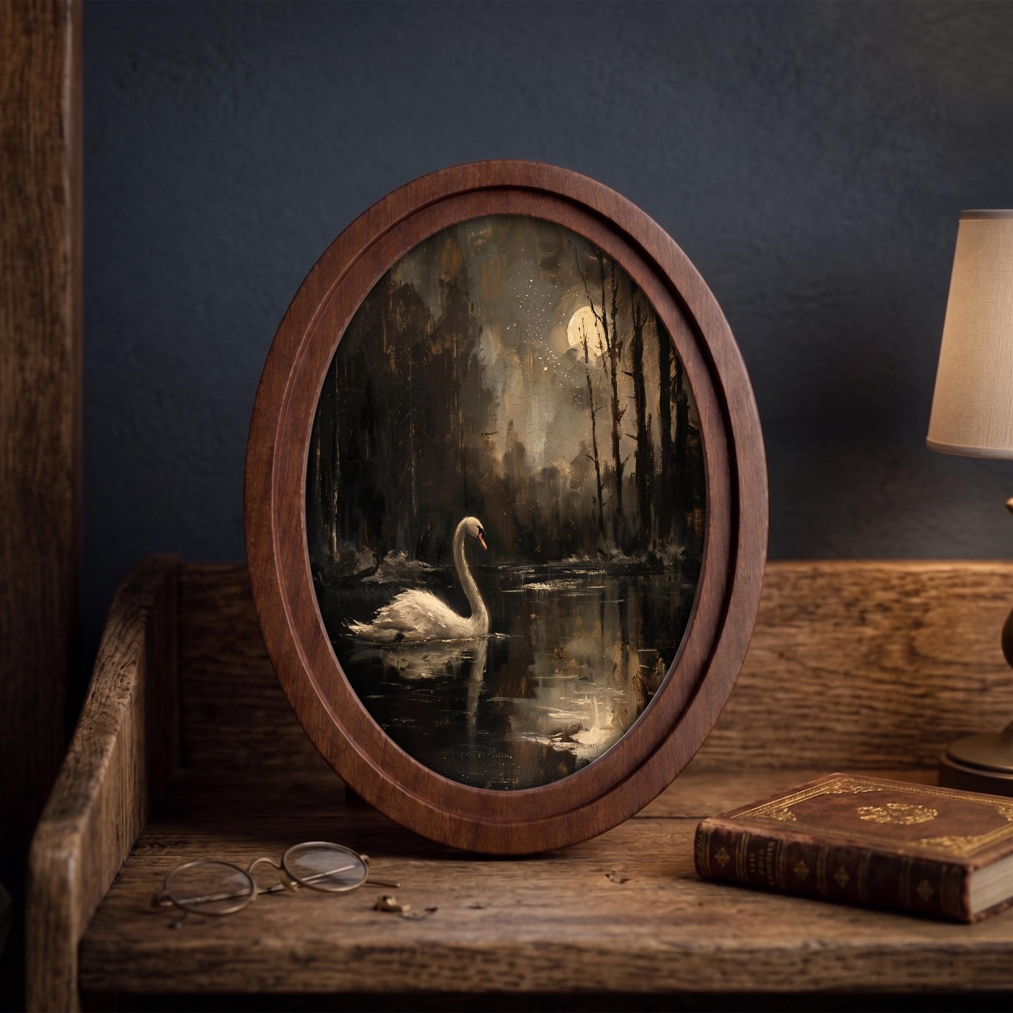 Dark Academia Swan Wall Art - 3D Wood Art Swan Lake at Night - Dark Cottagecore Decor - Moody Moon Landscape Canvas - 7x9 9x11 11x14 14x18“