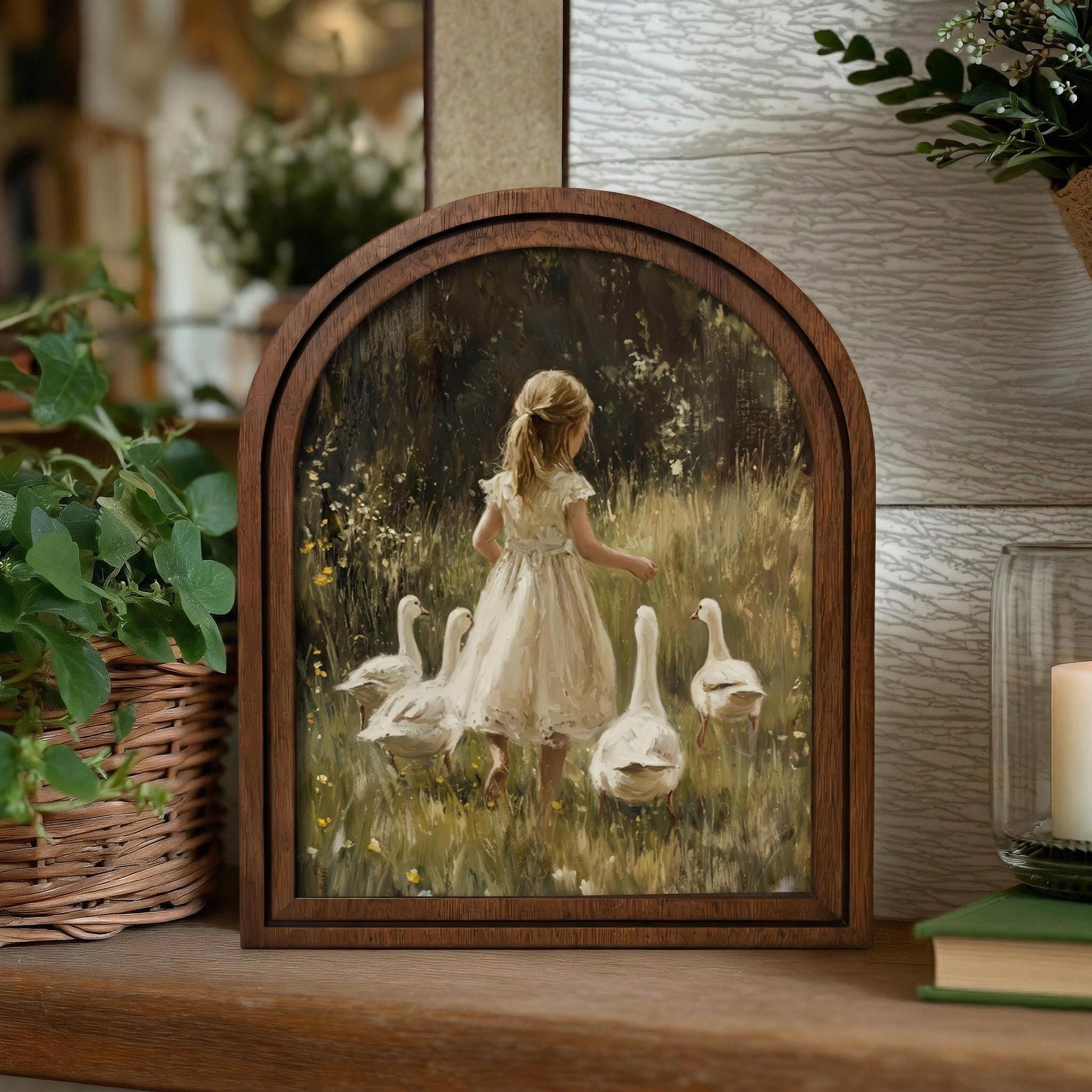 Cottagecore Wall Art, Vintage Duck Painting, Antique Girl Print, Farmhouse Decor Framed, Rustic Wood Canvas Art, Country Geese Poster, Gift