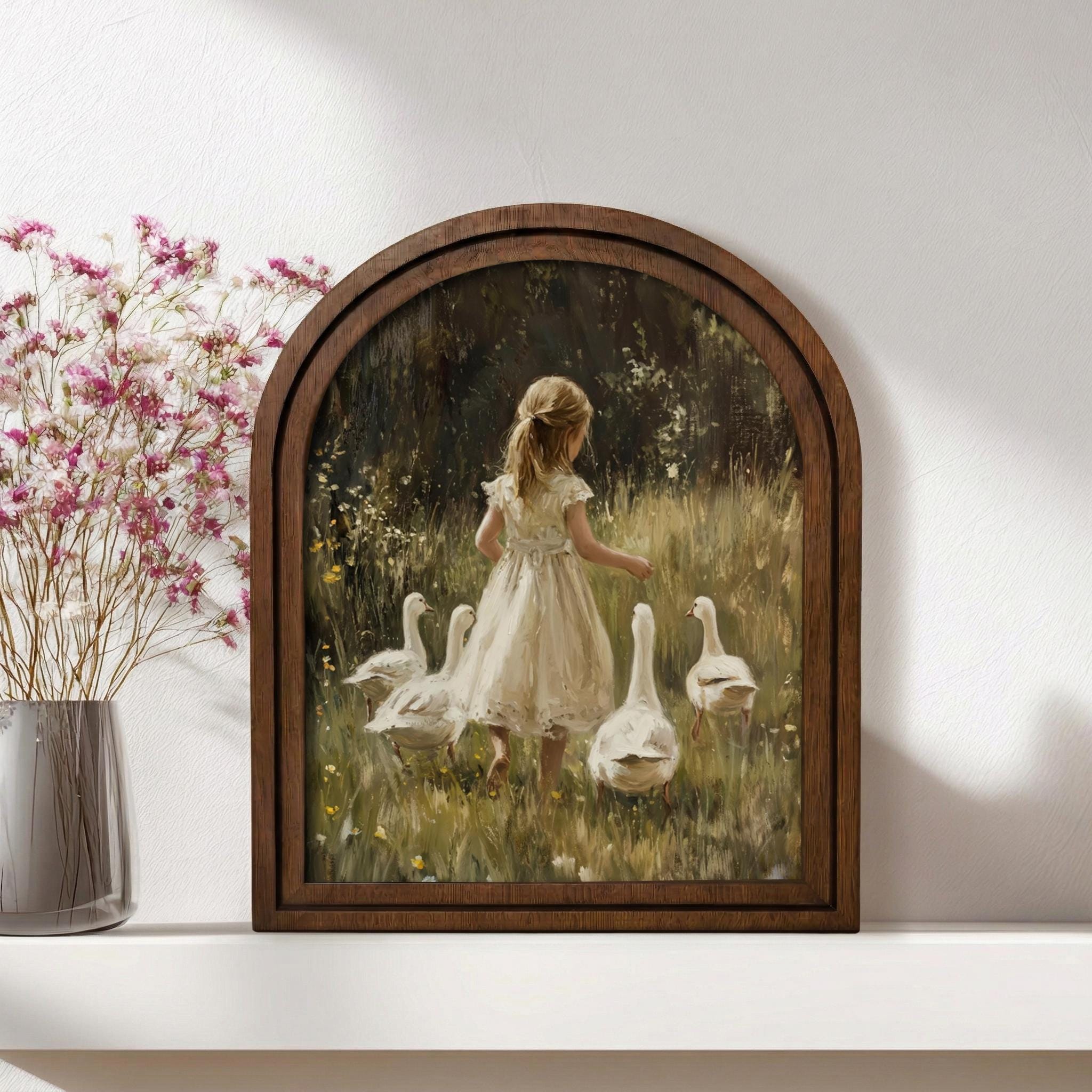 Cottagecore Wall Art, Vintage Duck Painting, Antique Girl Print, Farmhouse Decor Framed, Rustic Wood Canvas Art, Country Geese Poster, Gift