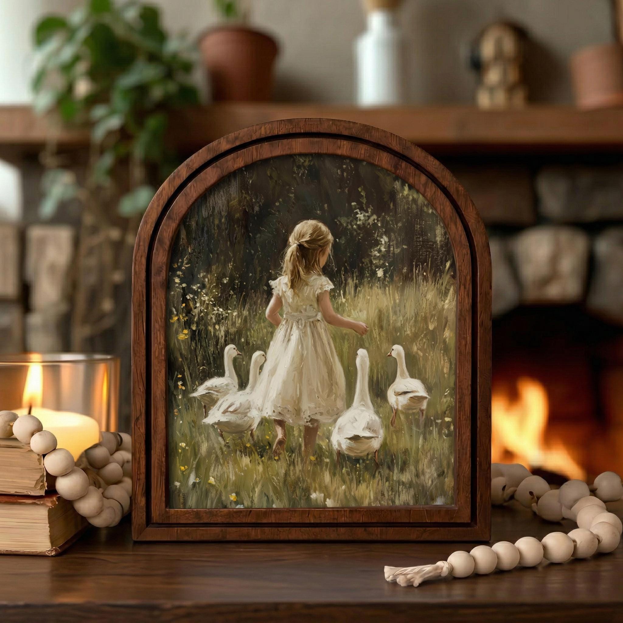 Cottagecore Wall Art, Vintage Duck Painting, Antique Girl Print, Farmhouse Decor Framed, Rustic Wood Canvas Art, Country Geese Poster, Gift