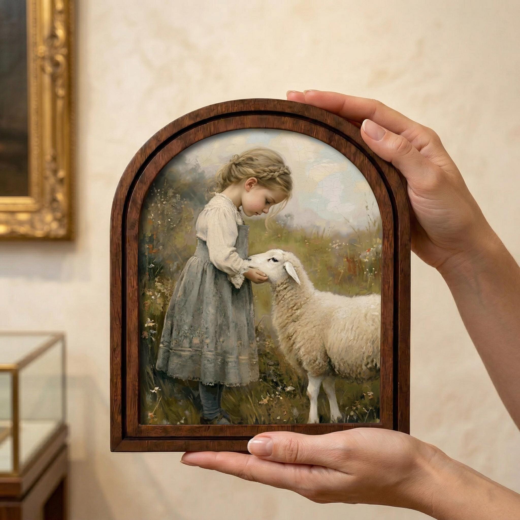 Farmhouse Wall Art, Vintage Sheep Painting, Cottagecore Decor, Antique Girl Print, Rustic Wood Canvas, Country Home Art, Tabletop Gift