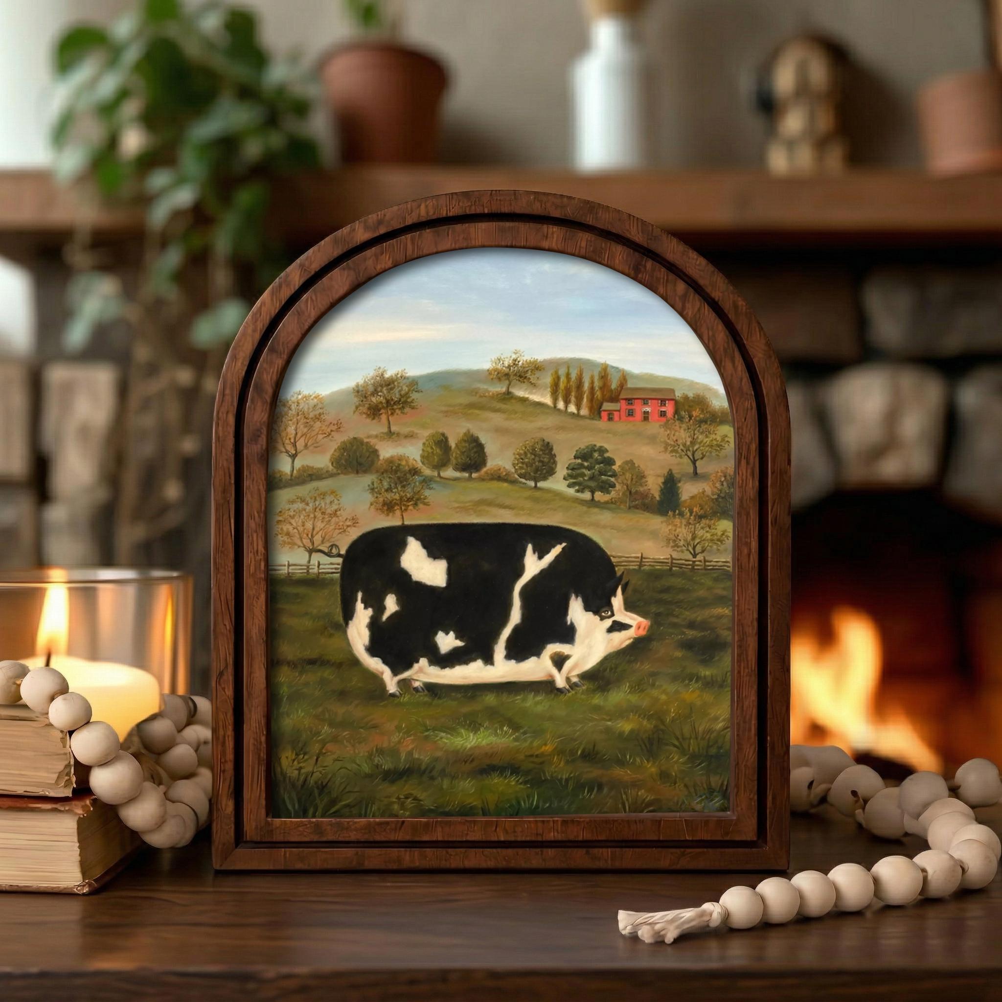 Farmhouse Wall Art, Vintage Pig Painting, Folk Art Animal Print, Country Home Decor, Rustic Wood Framed Art, Black White Pig, Tabletop Decor