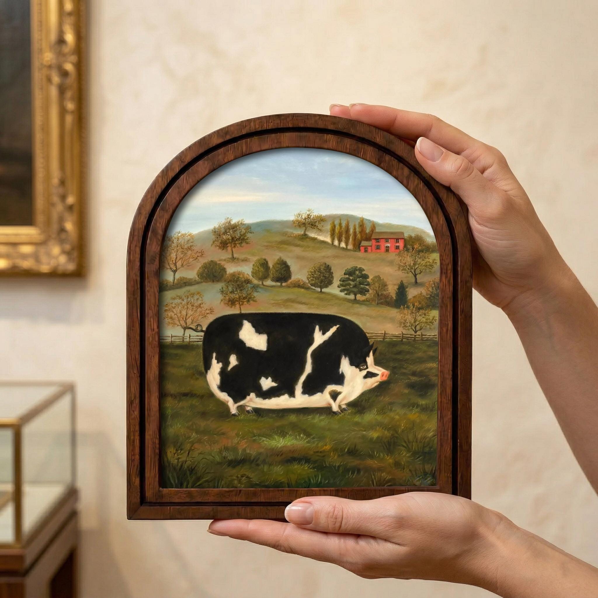 Farmhouse Wall Art, Vintage Pig Painting, Folk Art Animal Print, Country Home Decor, Rustic Wood Framed Art, Black White Pig, Tabletop Decor