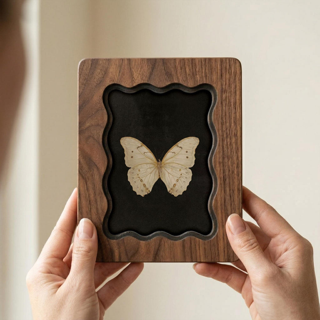 Butterfly Specimen Wood Framed Art, Wavy Scalloped Edge Scalloped Frame, 3-Layer Plywood Shadow Box, Dark Academia Decor