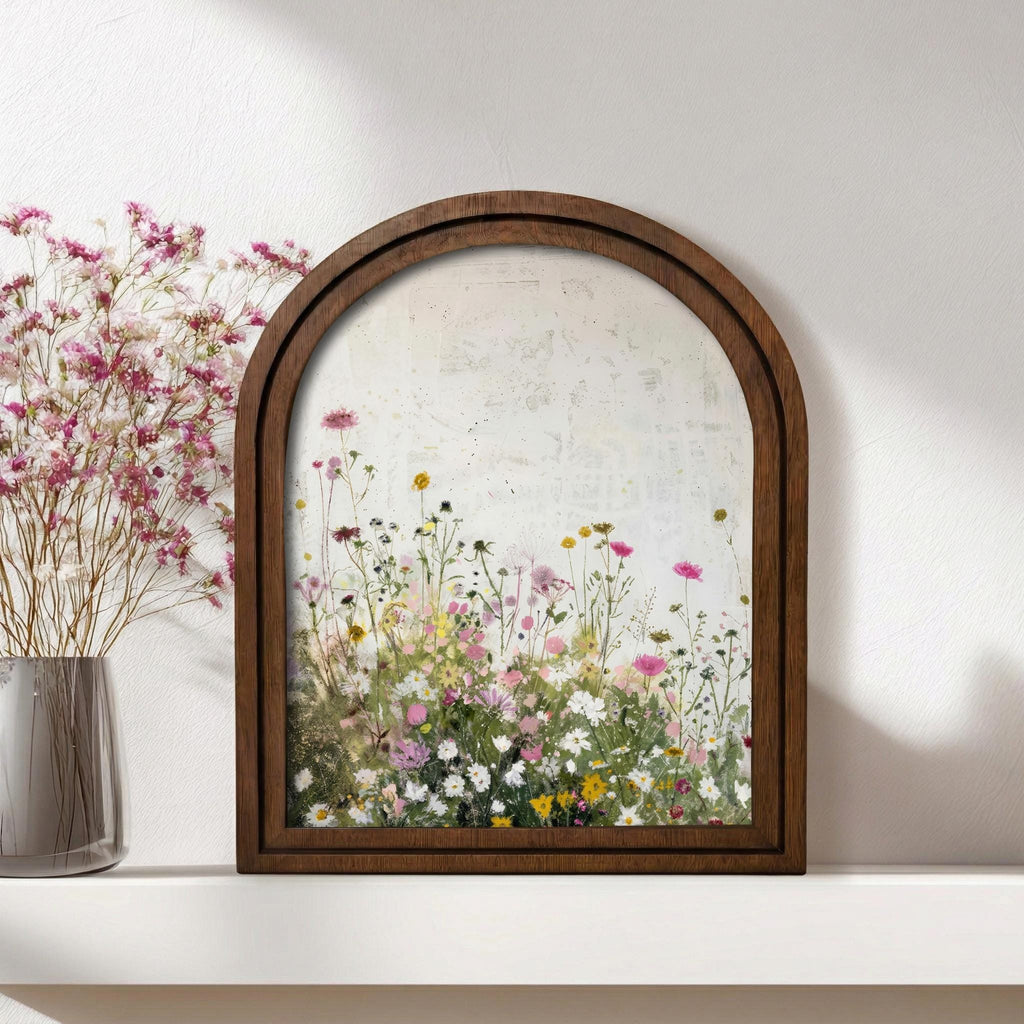 Wildflower Meadow Oil Painting Wood Framed Art, Arched Floral Wall Decor, 3-Layer Plywood Arched Sign, Cottagecore Gift