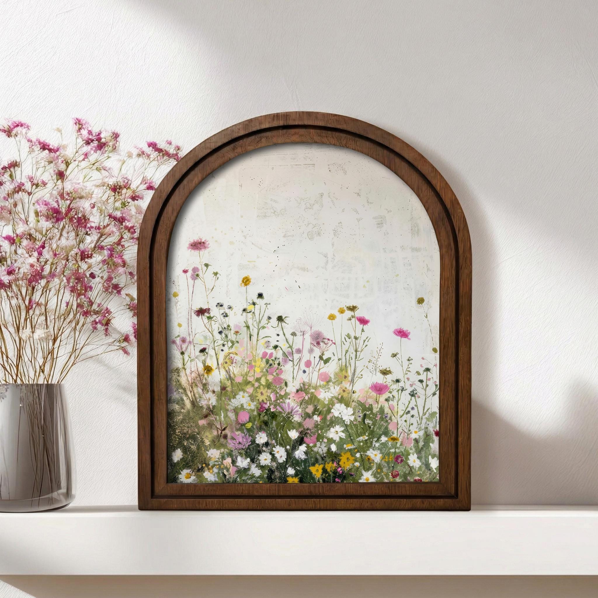 Wildflower Meadow Oil Painting Wood Framed Art, Arched Floral Wall Decor, 3-Layer Plywood Arched Sign, Cottagecore Gift