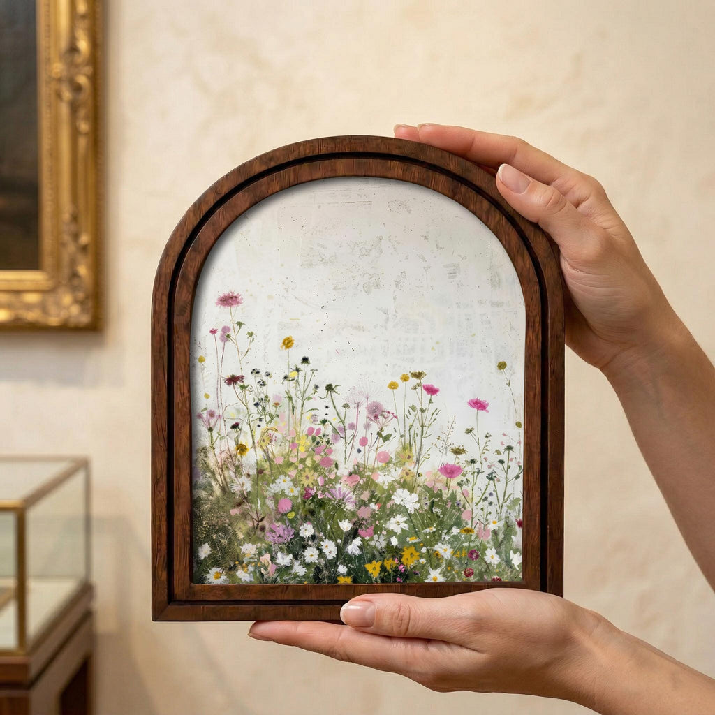 Wildflower Meadow Oil Painting Wood Framed Art, Arched Floral Wall Decor, 3-Layer Plywood Arched Sign, Cottagecore Gift