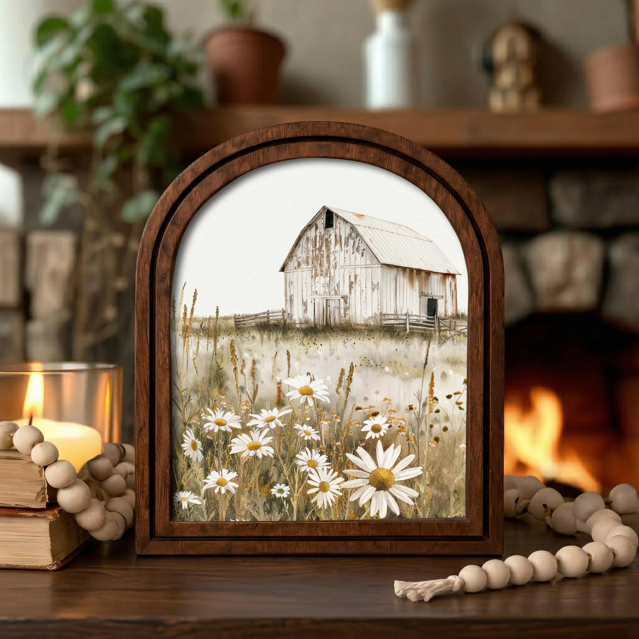 Farmhouse Wall Art, Daisy Flower Painting, Vintage White Barn, Cottagecore Decor, Rustic Wood Canvas Art, Country Landscape Poster, Gift