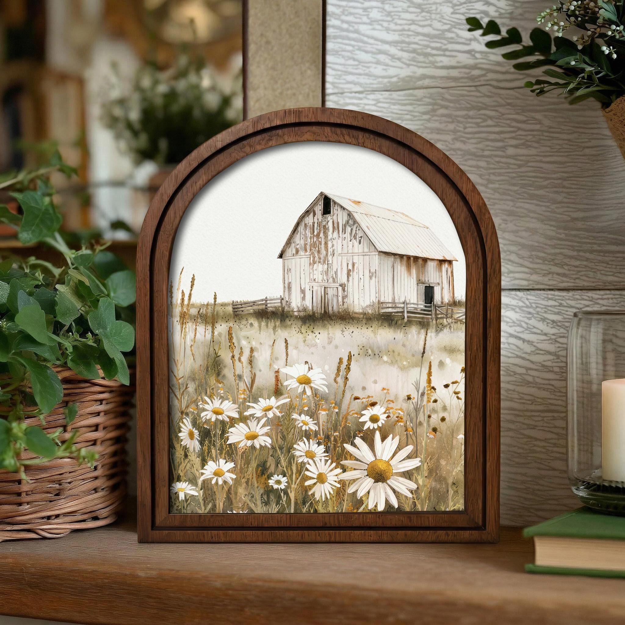 Farmhouse Wall Art, Daisy Flower Painting, Vintage White Barn, Cottagecore Decor, Rustic Wood Canvas Art, Country Landscape Poster, Gift