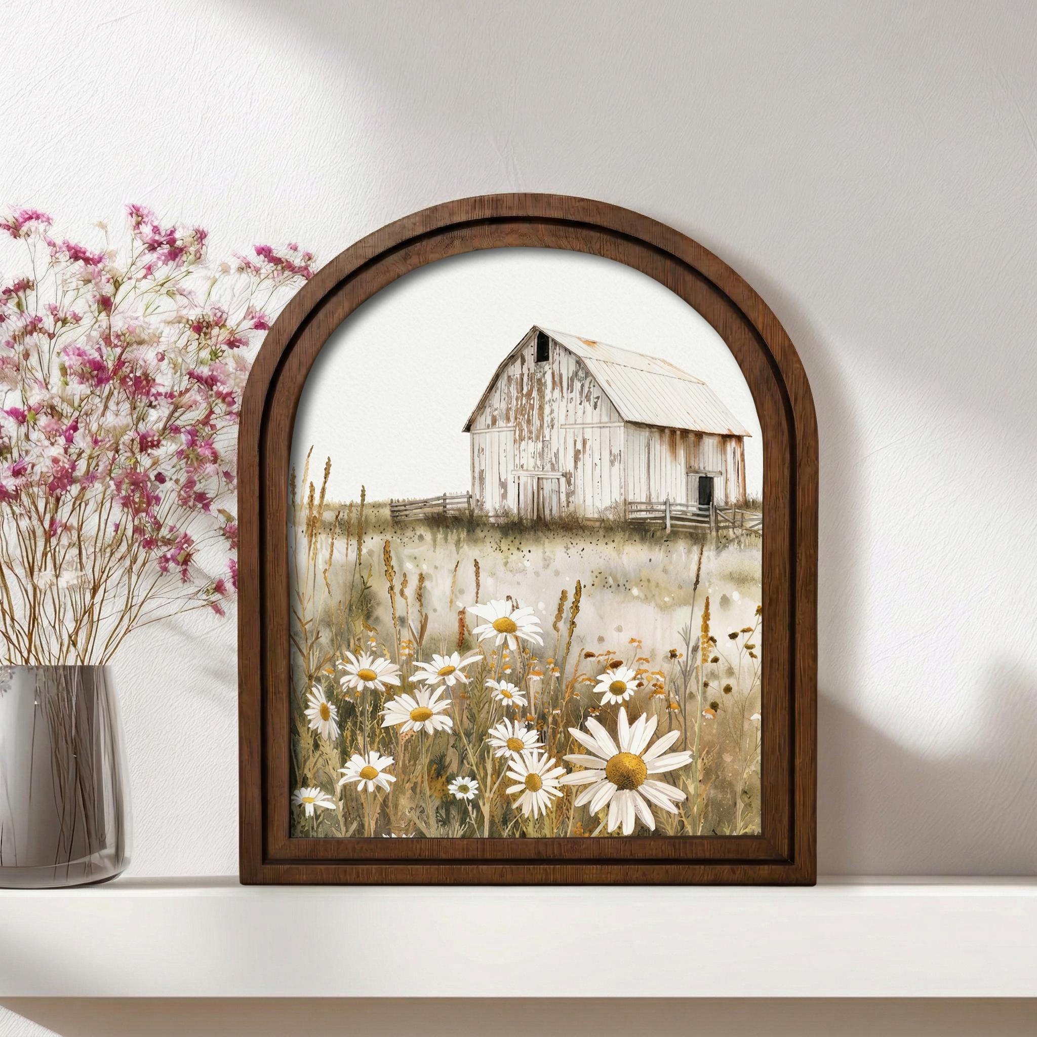 Farmhouse Wall Art, Daisy Flower Painting, Vintage White Barn, Cottagecore Decor, Rustic Wood Canvas Art, Country Landscape Poster, Gift
