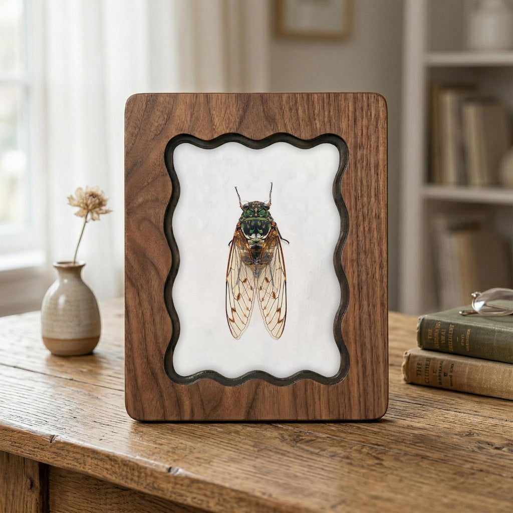 Cicada Taxidermy Wall Art, Scalloped Wood Frame, Vintage Insect Print on Canvas, Dark Academia Decor, Layered Plywood Frame 7x9 11x14 14x18