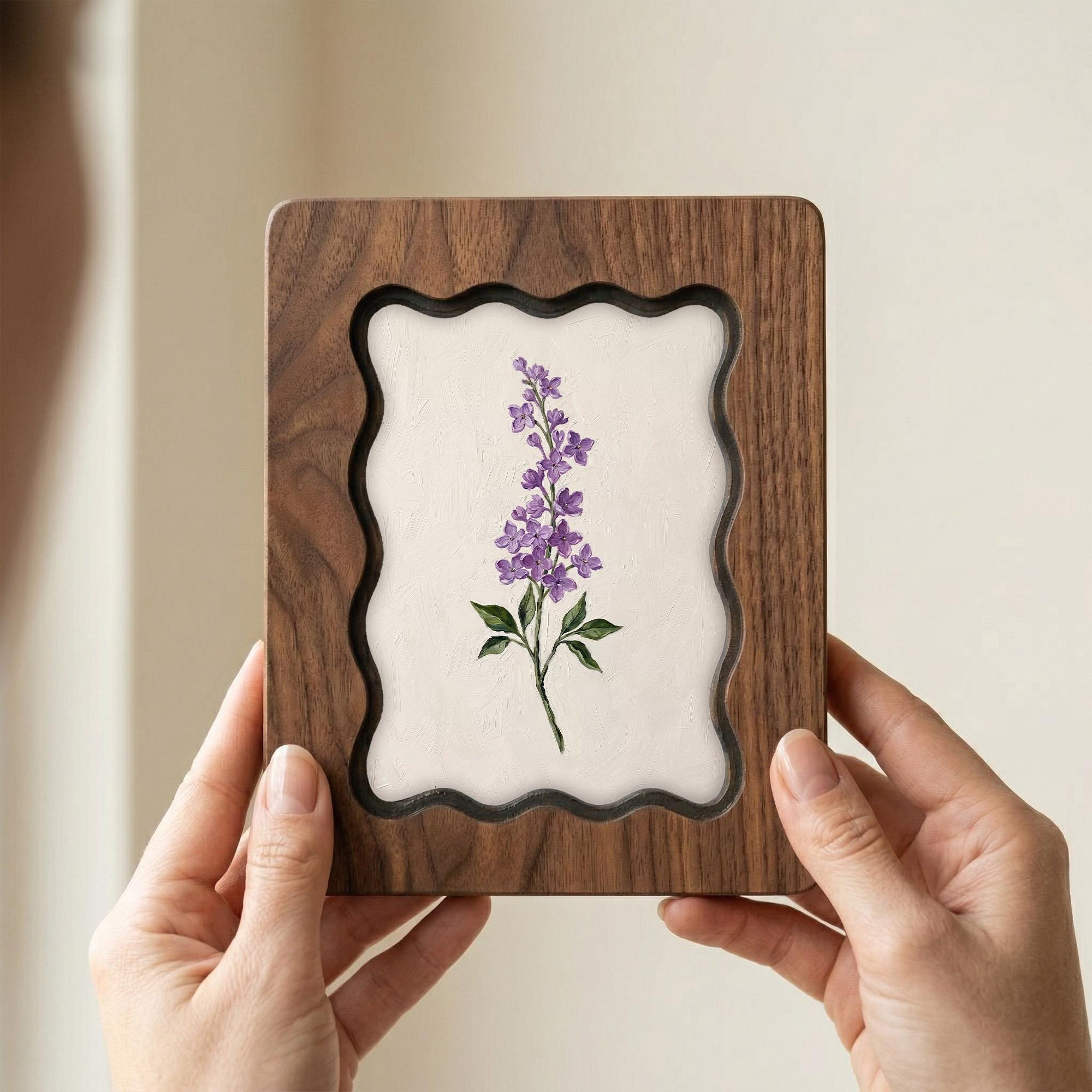 Lavender Floral Wall Art, Scalloped Wood Frame, Botanical Print on Canvas, Cottagecore Home Decor, Layered Plywood Frame 7x9 11x14 14x18