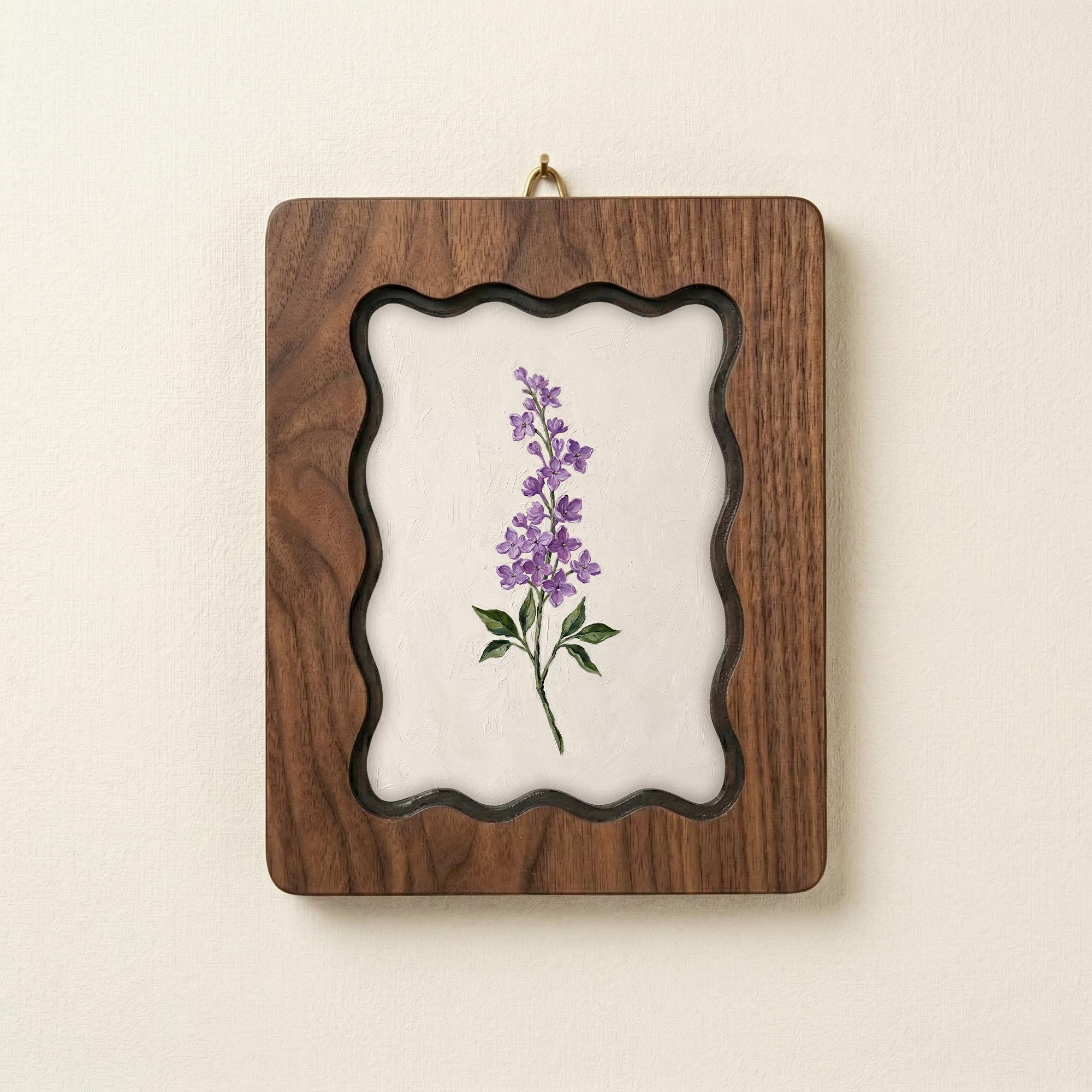 Lavender Floral Wall Art, Scalloped Wood Frame, Botanical Print on Canvas, Cottagecore Home Decor, Layered Plywood Frame 7x9 11x14 14x18