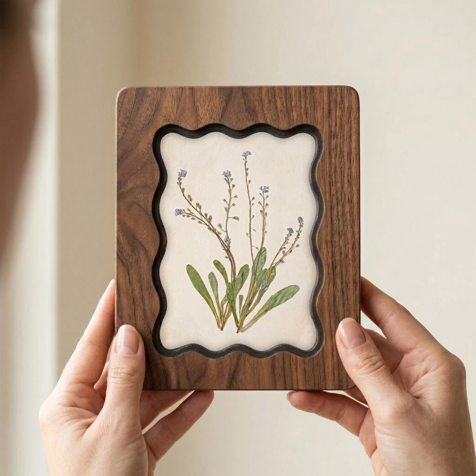 Forget Me Not Flower Wall Art, Scalloped Wood Frame, Botanical Print on Canvas, Cottagecore Decor, Layered Plywood Frame 7x9 11x14 14x18