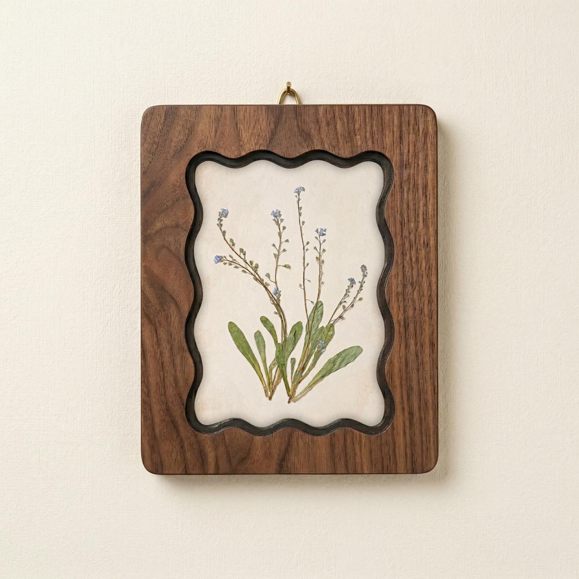 Forget Me Not Flower Wall Art, Scalloped Wood Frame, Botanical Print on Canvas, Cottagecore Decor, Layered Plywood Frame 7x9 11x14 14x18