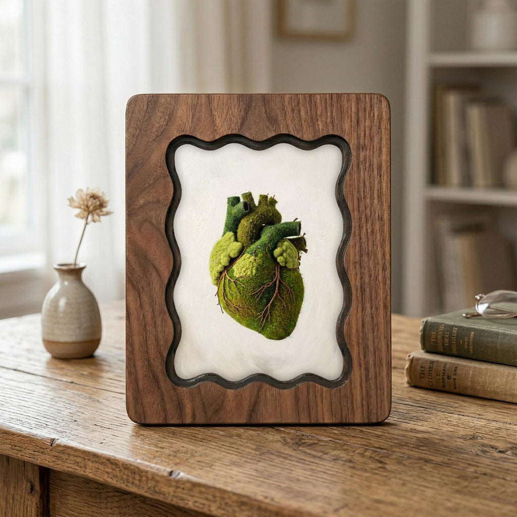 Anatomical Heart Moss Wall Art, Scalloped Wood Frame, Nature Lover Anatomy Gift, Dark Academia Decor, Layered Plywood Frame 7x9 11x14 14x18