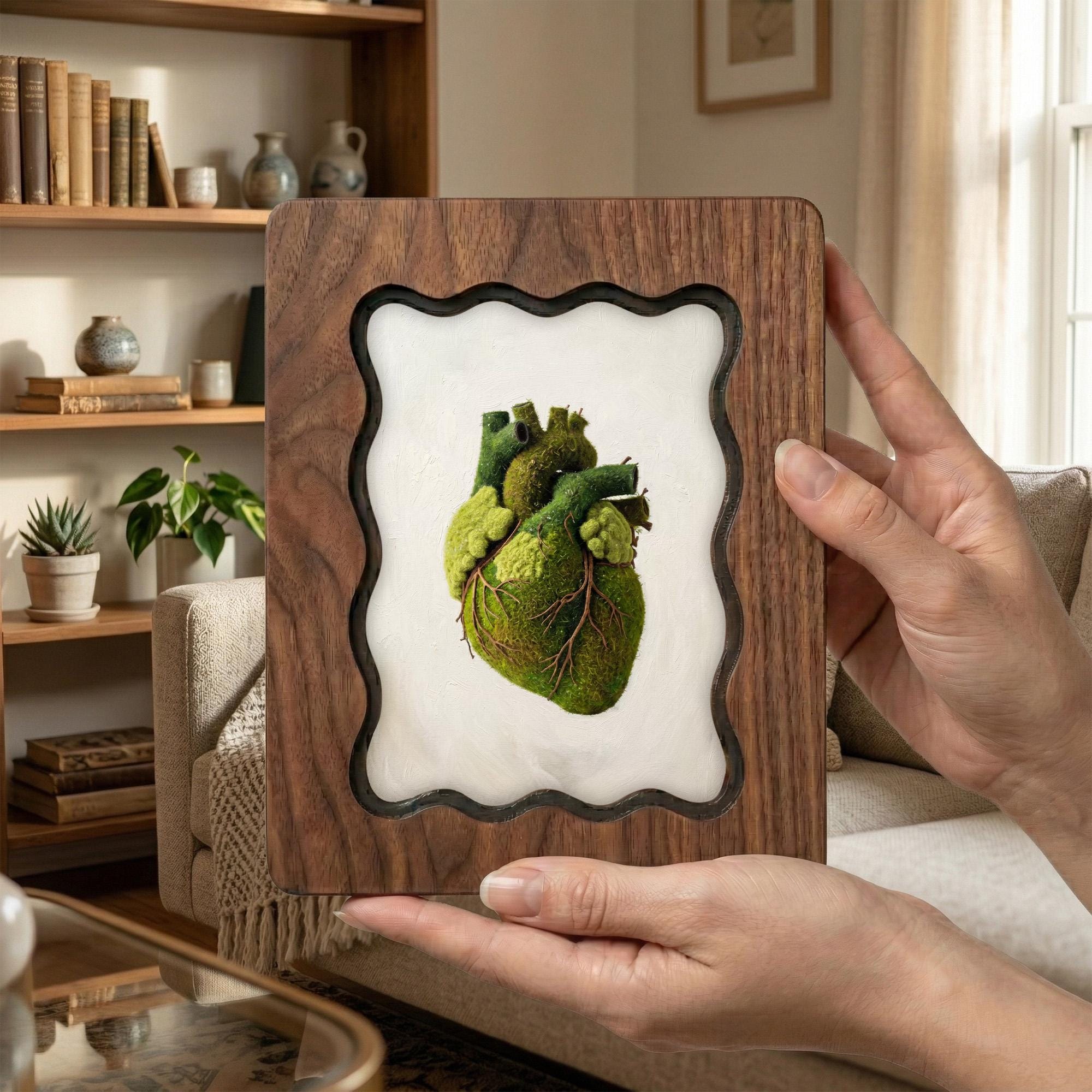 Anatomical Heart Moss Wall Art, Scalloped Wood Frame, Nature Lover Anatomy Gift, Dark Academia Decor, Layered Plywood Frame 7x9 11x14 14x18