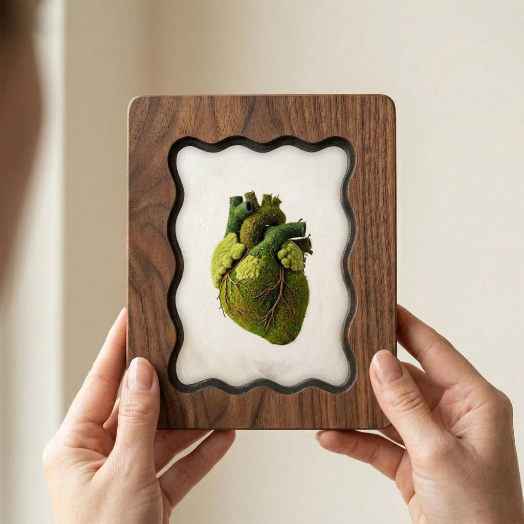 Anatomical Heart Moss Wall Art, Scalloped Wood Frame, Nature Lover Anatomy Gift, Dark Academia Decor, Layered Plywood Frame 7x9 11x14 14x18