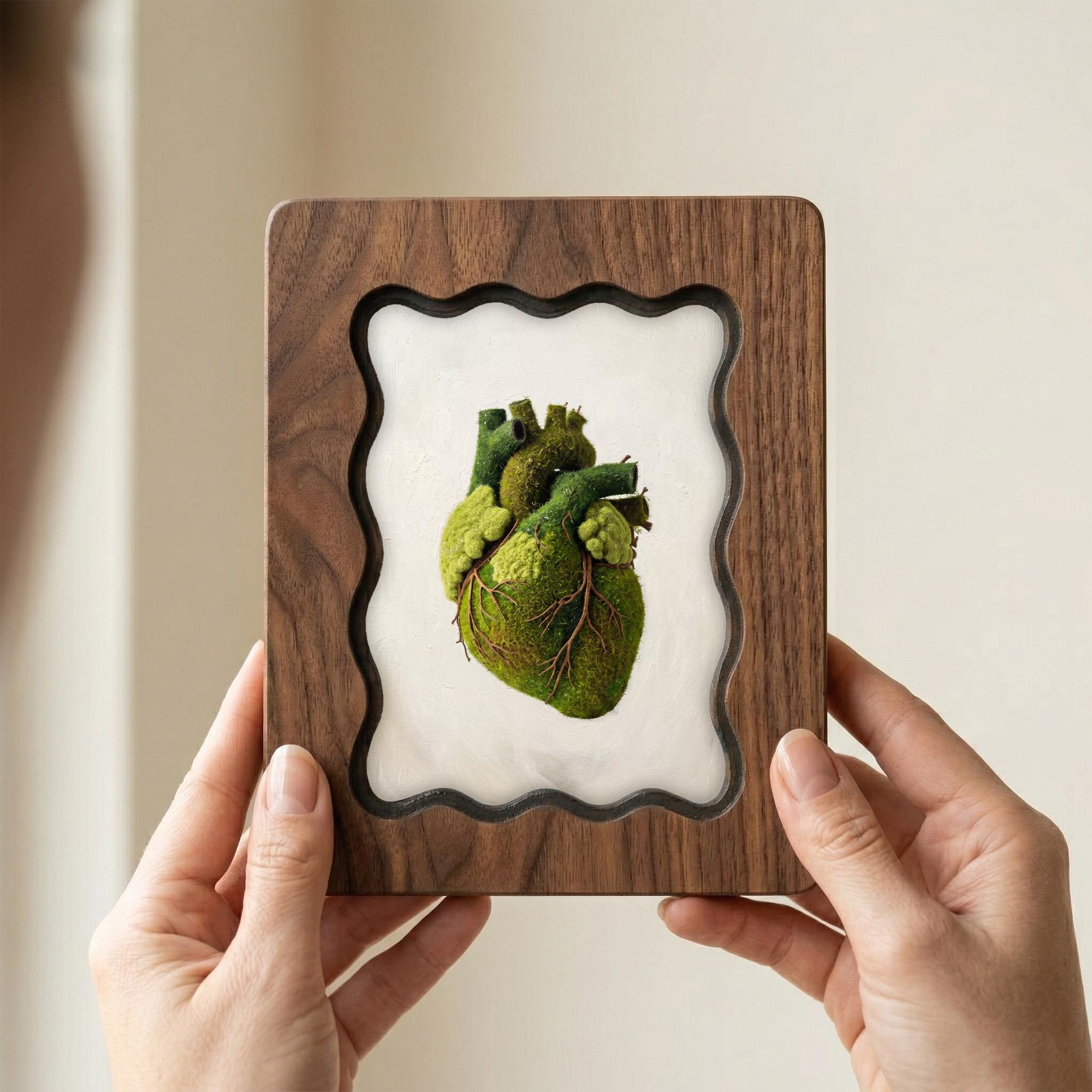 Anatomical Heart Moss Wall Art, Scalloped Wood Frame, Nature Lover Anatomy Gift, Dark Academia Decor, Layered Plywood Frame 7x9 11x14 14x18
