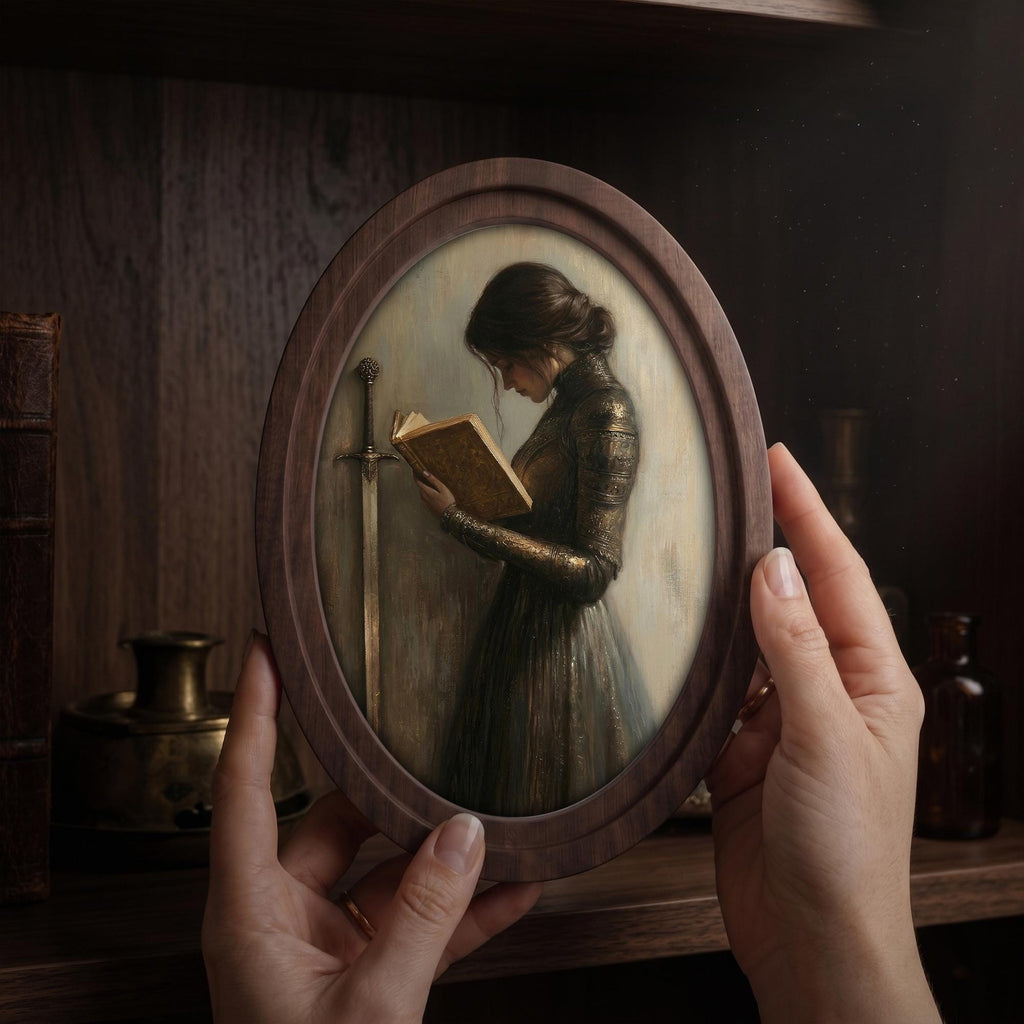 Medieval Woman Knight Reading Book Wall Art, Fantasy Female Warrior Portrait, 3D Layered Wood & Canvas Frame, Gothic Home Decor, 4 Sizes
