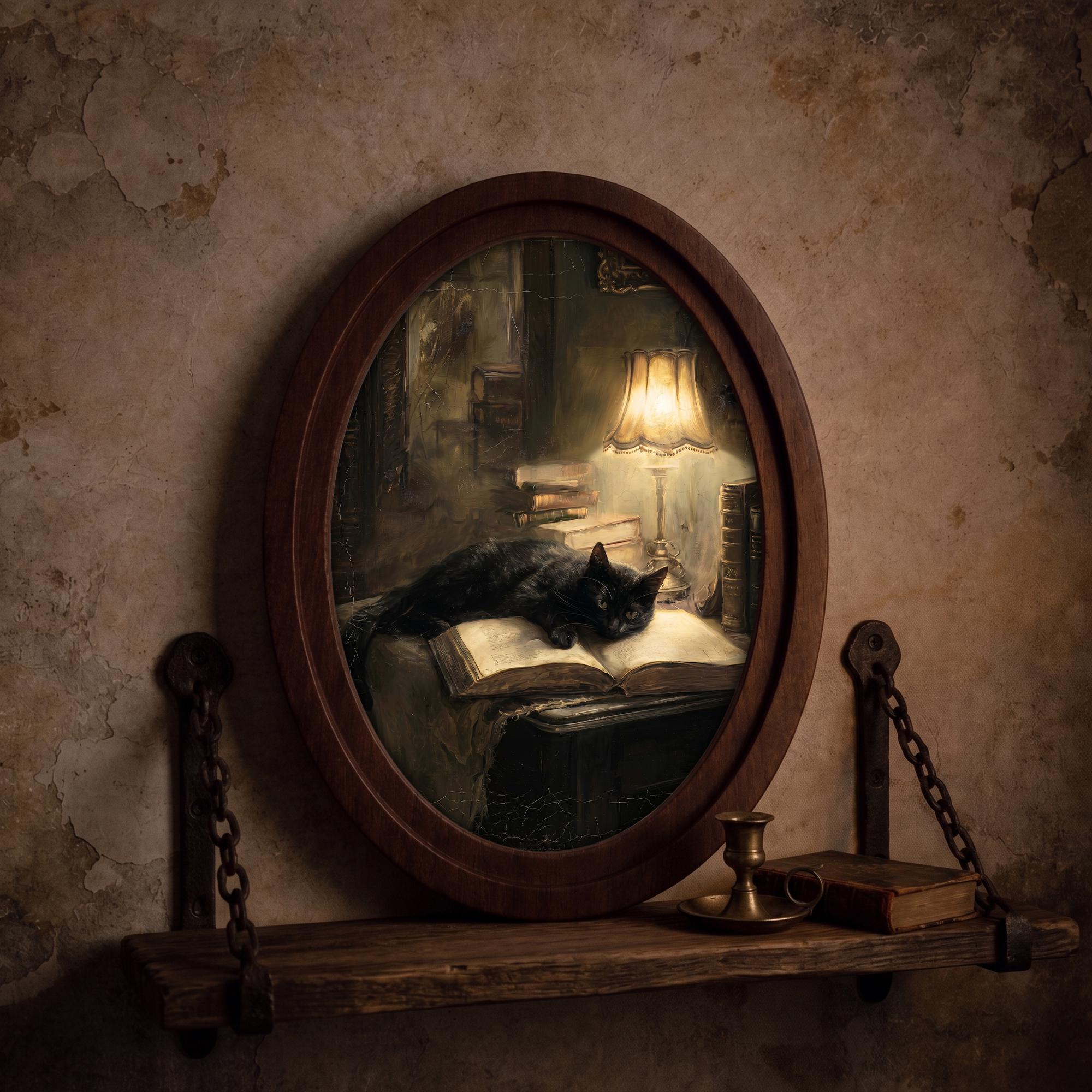 Black Cat Reading Antique Oil Painting Wall Art, Dark Academia Decor, Wood & Canvas Framed Art, Moody Library Aesthetic