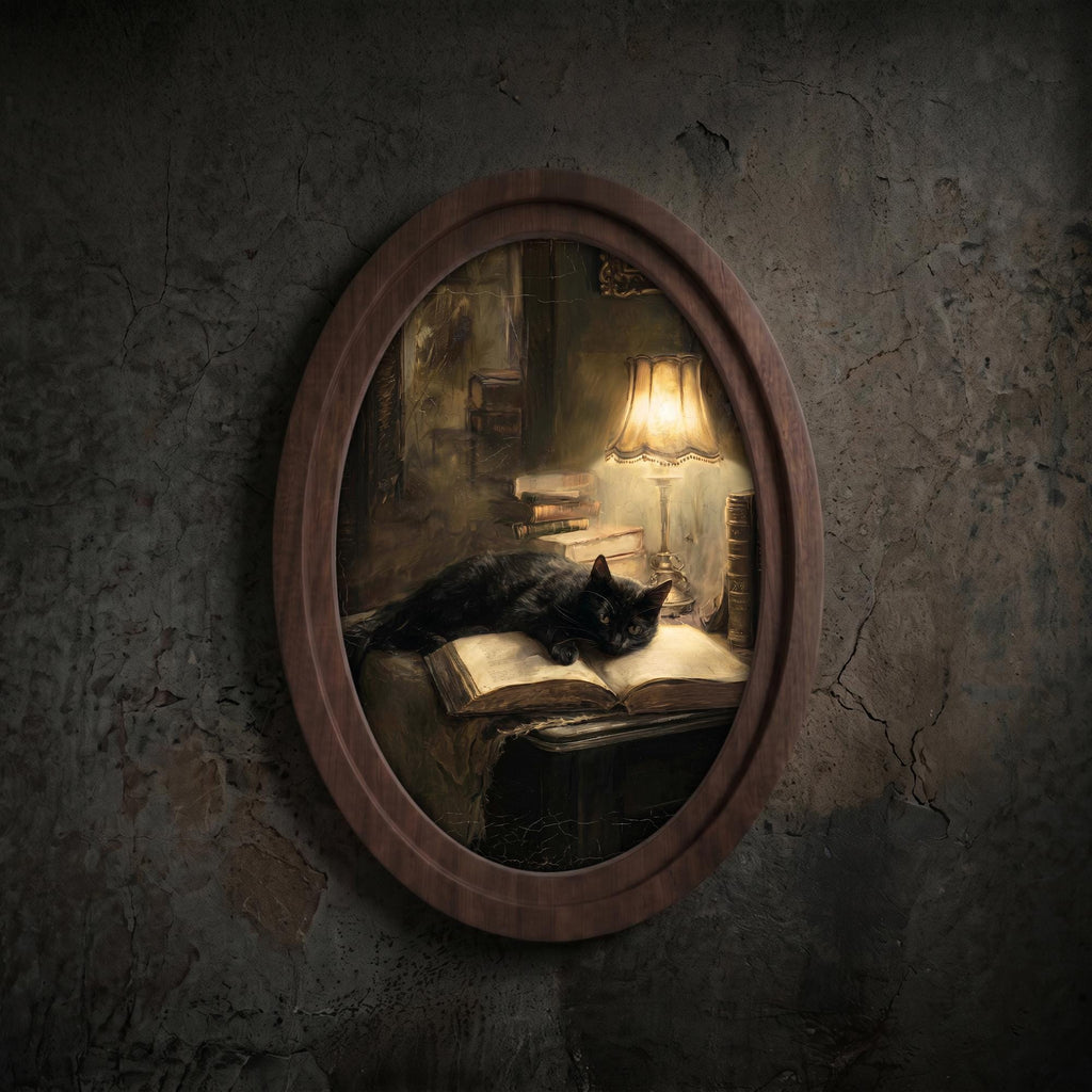 Black Cat Reading Antique Oil Painting Wall Art, Dark Academia Decor, Wood & Canvas Framed Art, Moody Library Aesthetic
