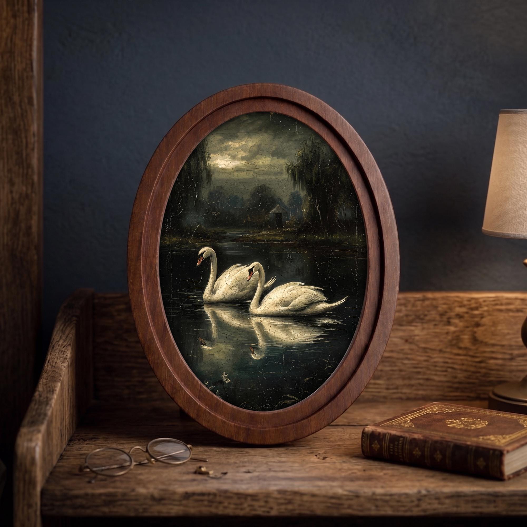 Swan Lake Oil Painting, Moody Dark Academia Wall Art, Vintage Swan Framed Canvas, Gothic Lake Landscape Decor, Elegant Wood Framed Art Gift