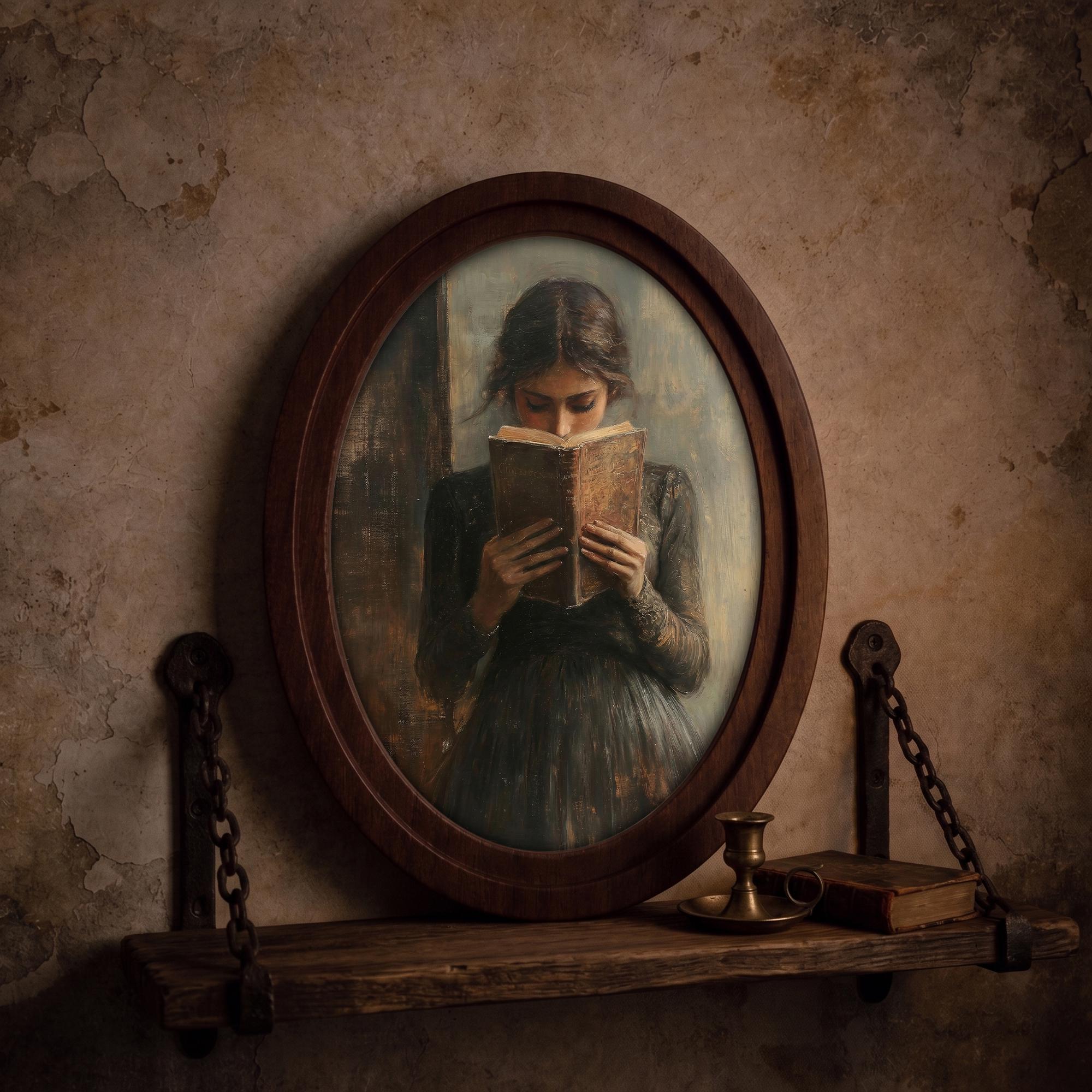 Dark Academia Girl Reading Oil Painting, Moody Woman Portrait Wall Art, Vintage Bibliophile Framed Canvas, Wood Book Lover Gift