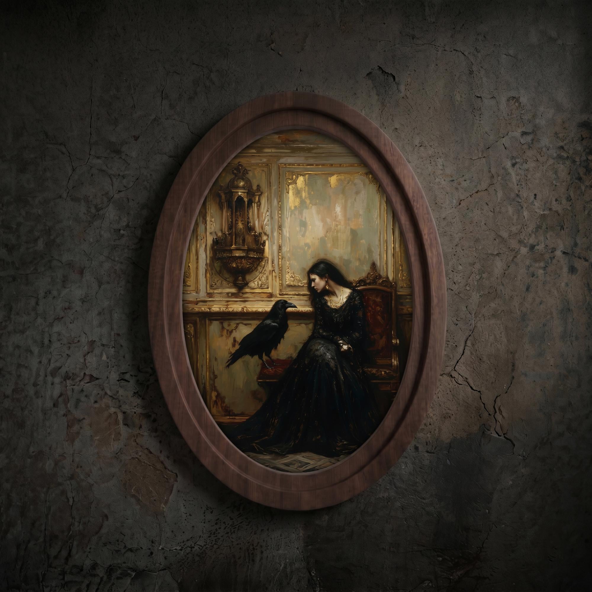 Gothic Woman & Raven Wall Art in Oval Wood Frame, Dark Academia Canvas, Vintage Victorian Decor, Moody Aesthetic Painting