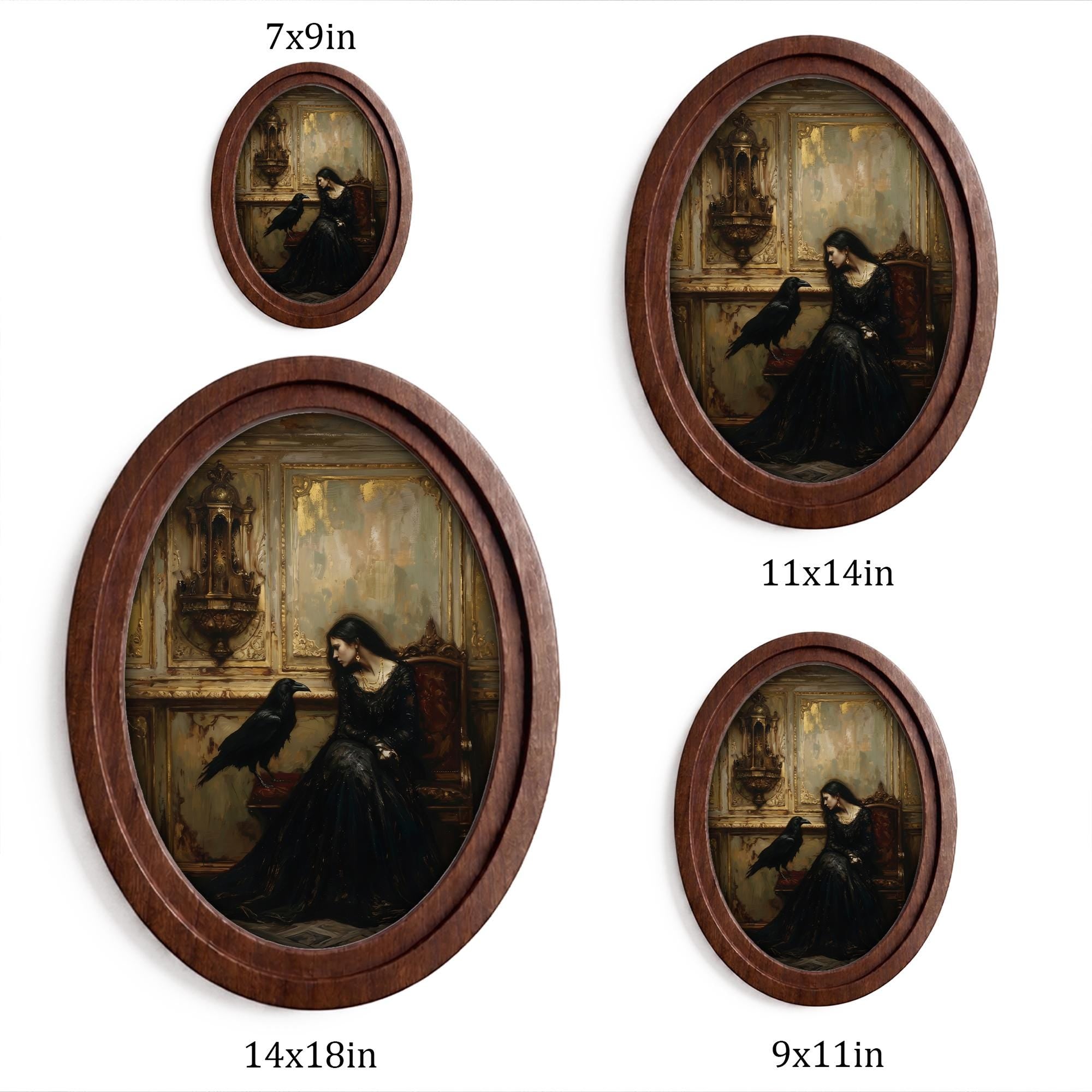Gothic Woman & Raven Wall Art in Oval Wood Frame, Dark Academia Canvas, Vintage Victorian Decor, Moody Aesthetic Painting