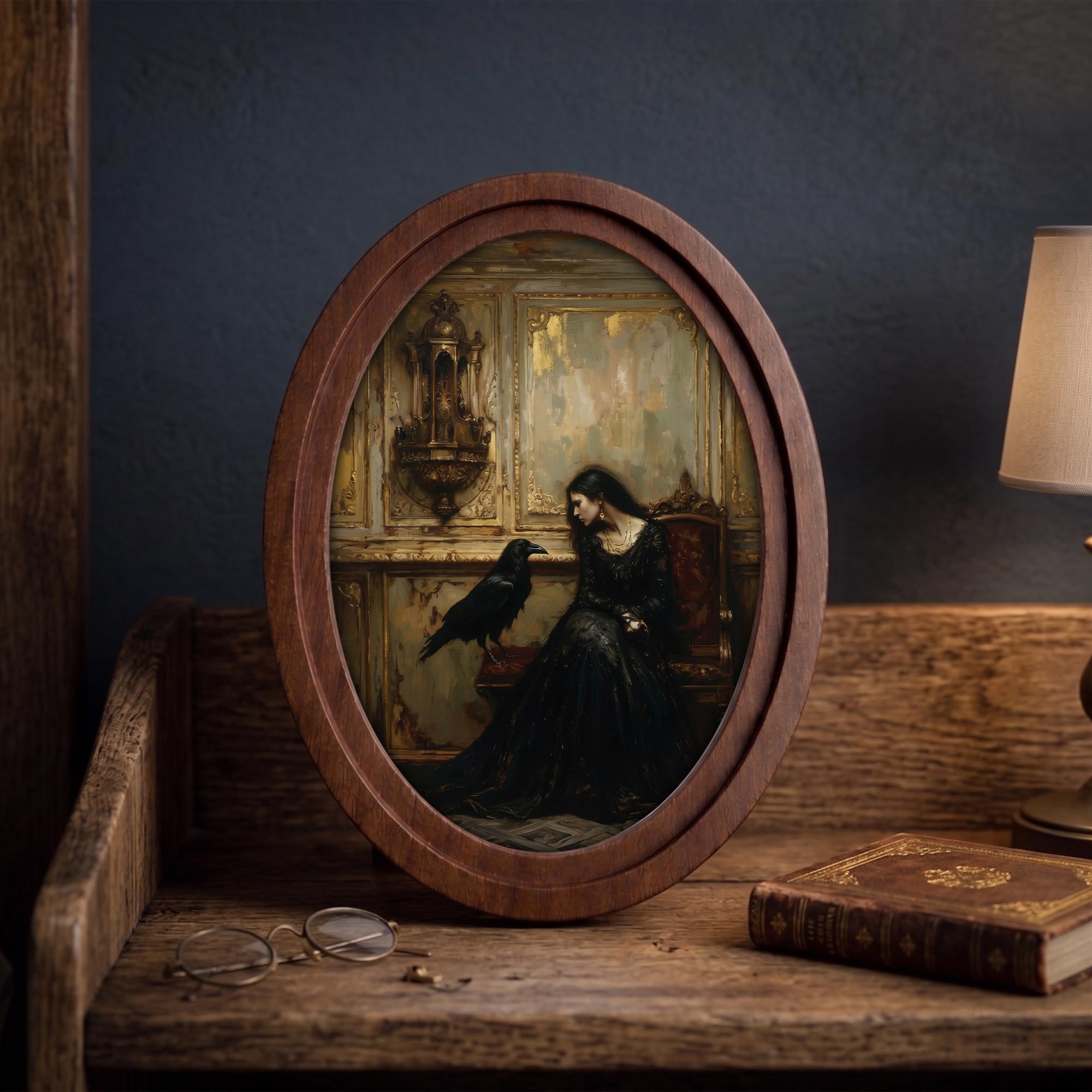 Gothic Woman & Raven Wall Art in Oval Wood Frame, Dark Academia Canvas, Vintage Victorian Decor, Moody Aesthetic Painting