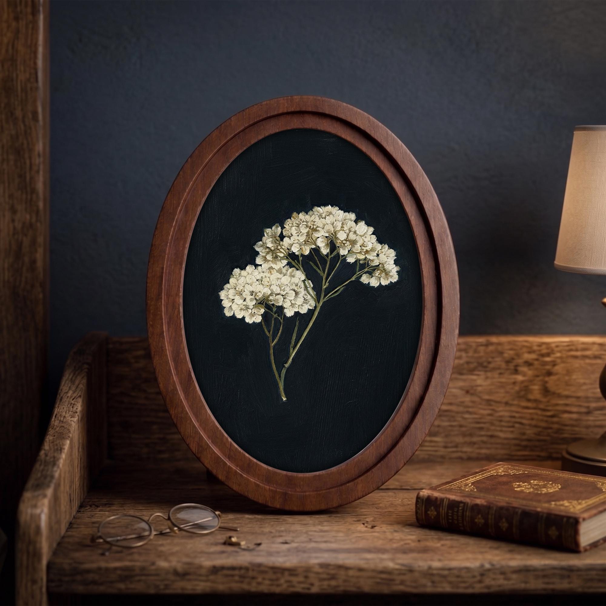Minimalist Botanical Wall Art in Oval Wood Frame, Dark Floral Canvas, Vintage Wildflower Decor, Moody Nature Print