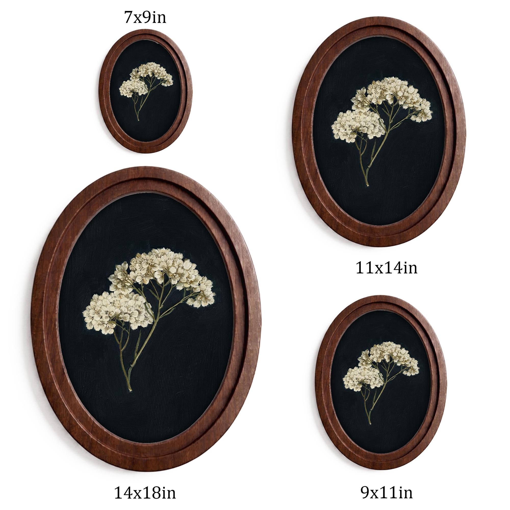 Minimalist Botanical Wall Art in Oval Wood Frame, Dark Floral Canvas, Vintage Wildflower Decor, Moody Nature Print