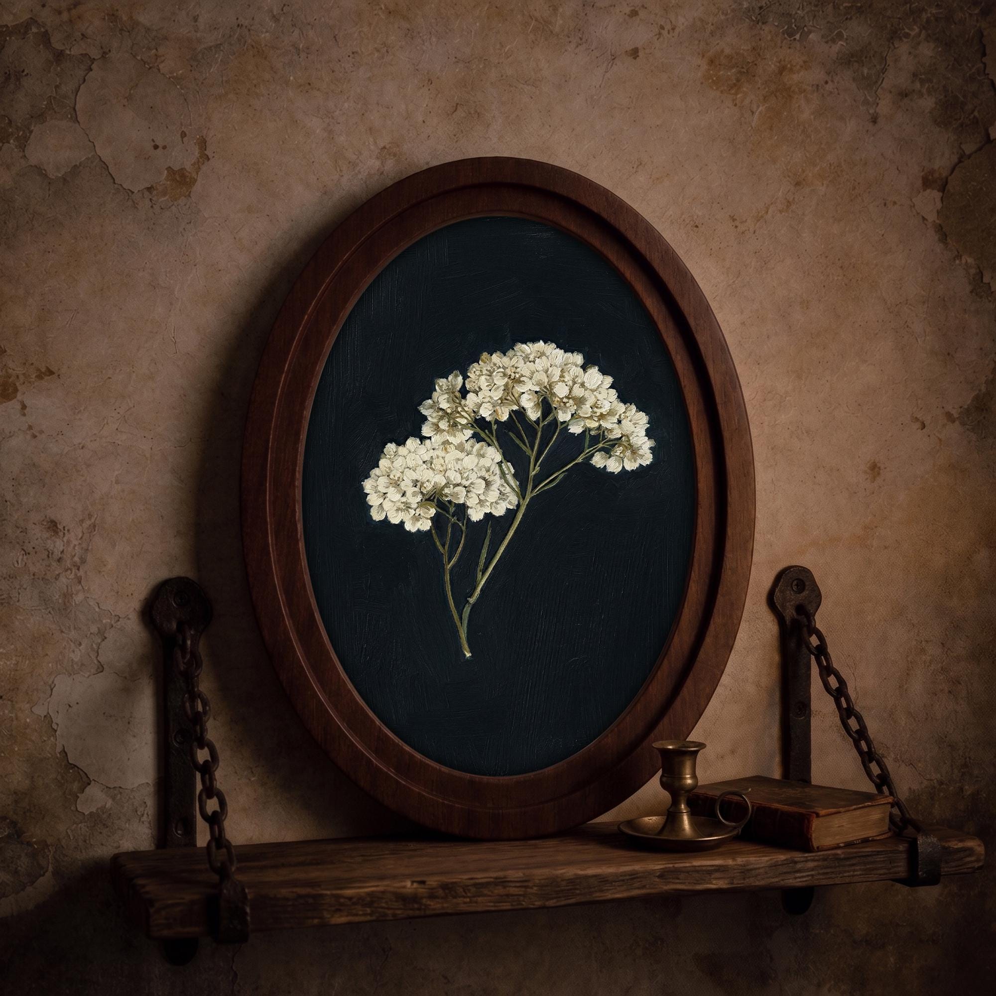 Minimalist Botanical Wall Art in Oval Wood Frame, Dark Floral Canvas, Vintage Wildflower Decor, Moody Nature Print