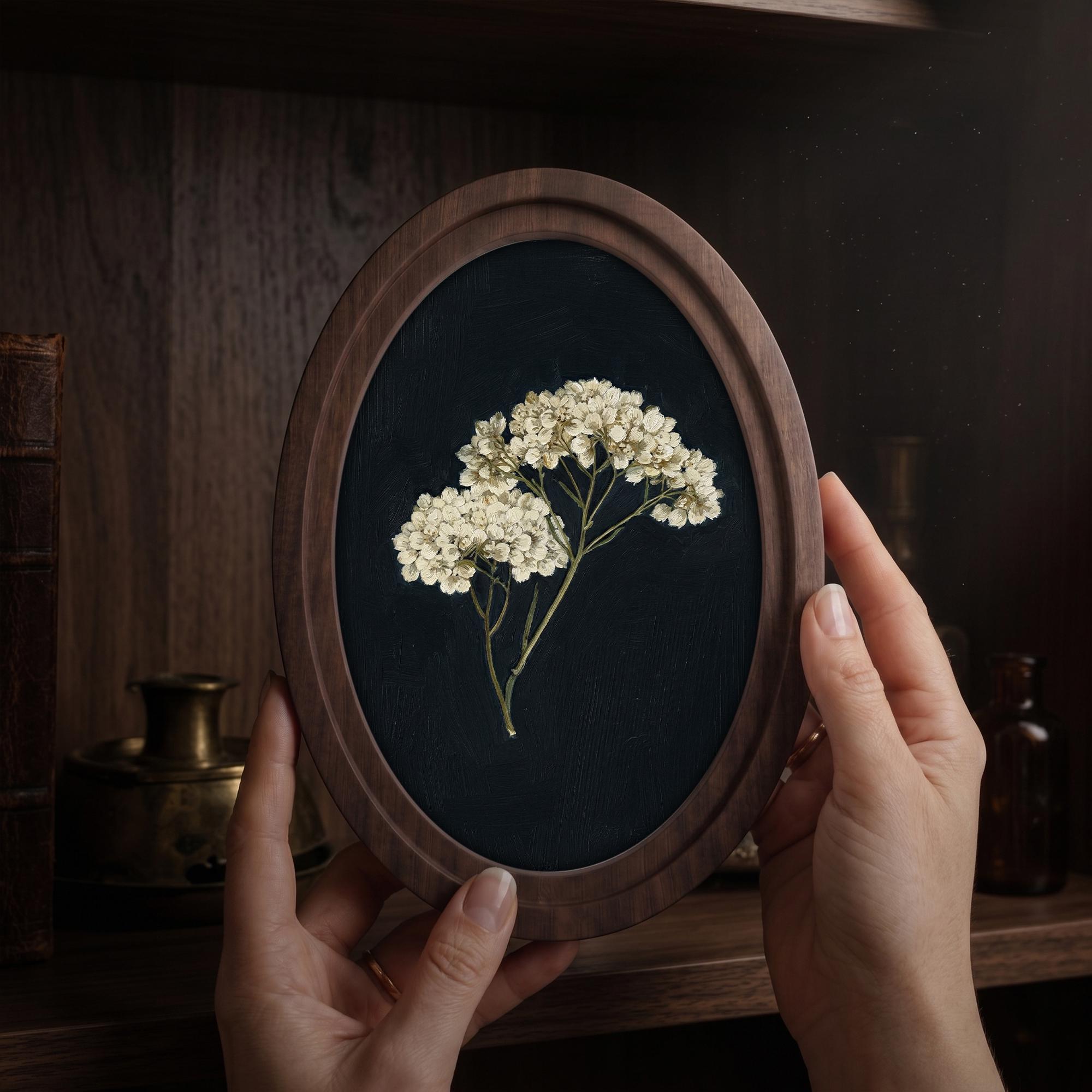 Minimalist Botanical Wall Art in Oval Wood Frame, Dark Floral Canvas, Vintage Wildflower Decor, Moody Nature Print