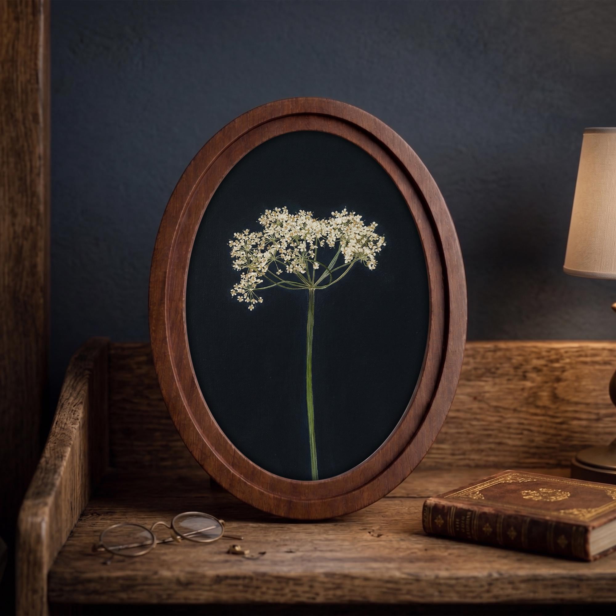Minimalist Botanical Wall Art Oval Frame, Wildflower Canvas Print, Dark Floral Decor, Vintage Nature Wall Art