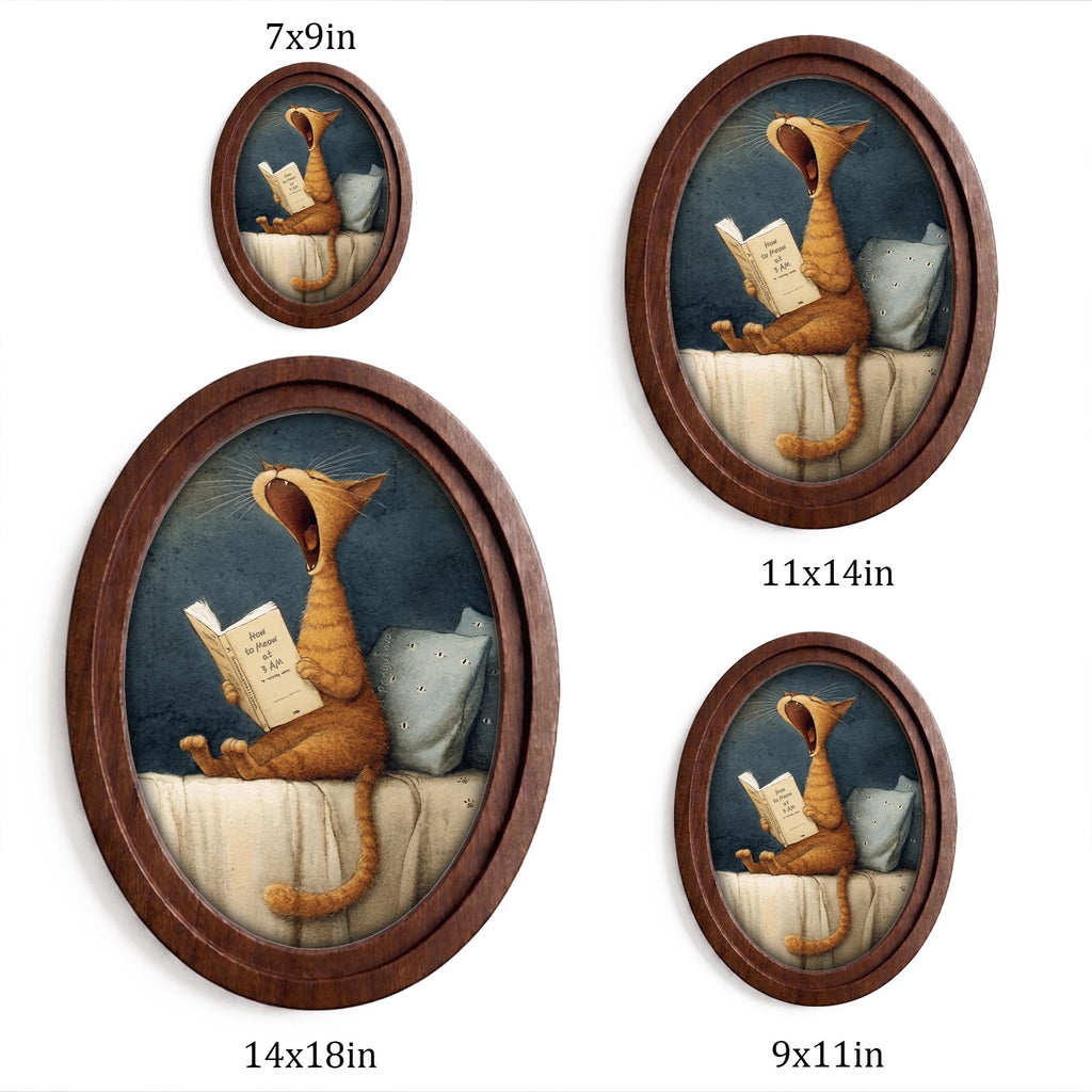 Funny Cat Reading Wall Art in Oval Wood Frame, Cute Cat Canvas Print, Whimsical Animal Decor, Cozy Bedroom Wall Art