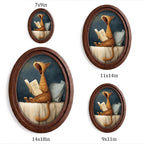 Funny Cat Reading Wall Art in Oval Wood Frame, Cute Cat Canvas Print, Whimsical Animal Decor, Cozy Bedroom Wall Art